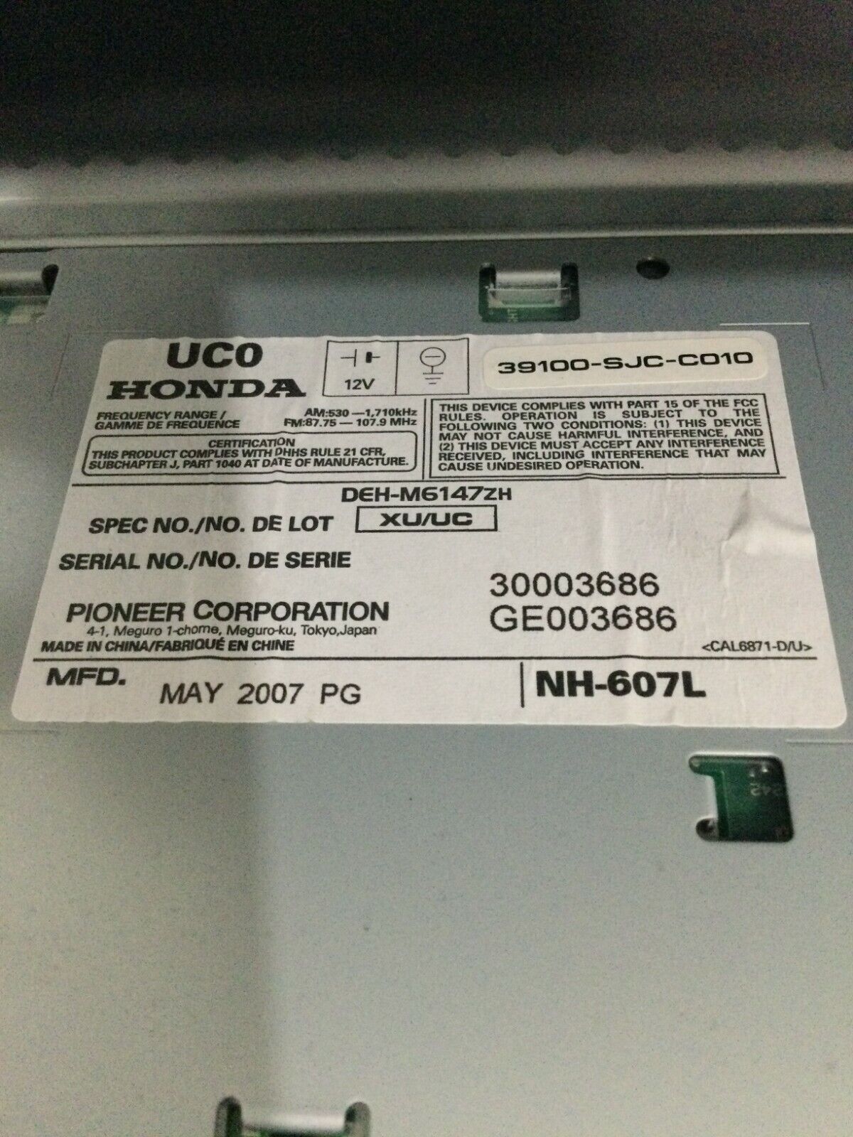 2006-2008  Honda Ridgeline Radio CD Player AM FM XM 39100-SJC-A010 OEM