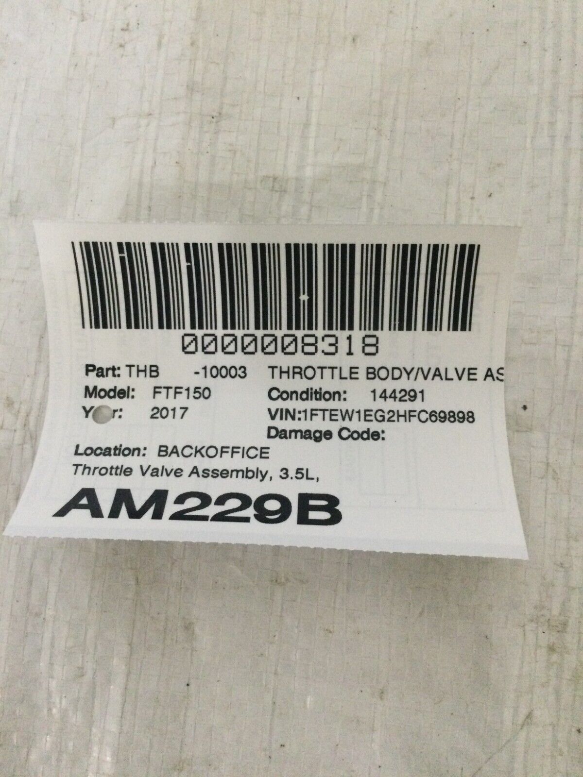 2017 Ford F-150 F150 Throttle Body Valve Assembly  HL3E 9F991 AA OEM