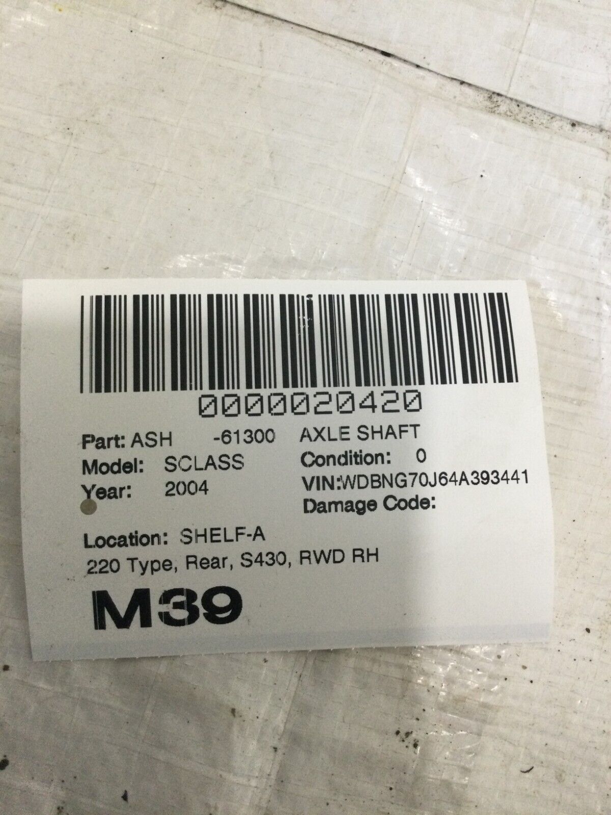 2004 Mercedes Benz S-430 Rear Right RWD Axle Shaft OEM ( DAMAGE MARKED )