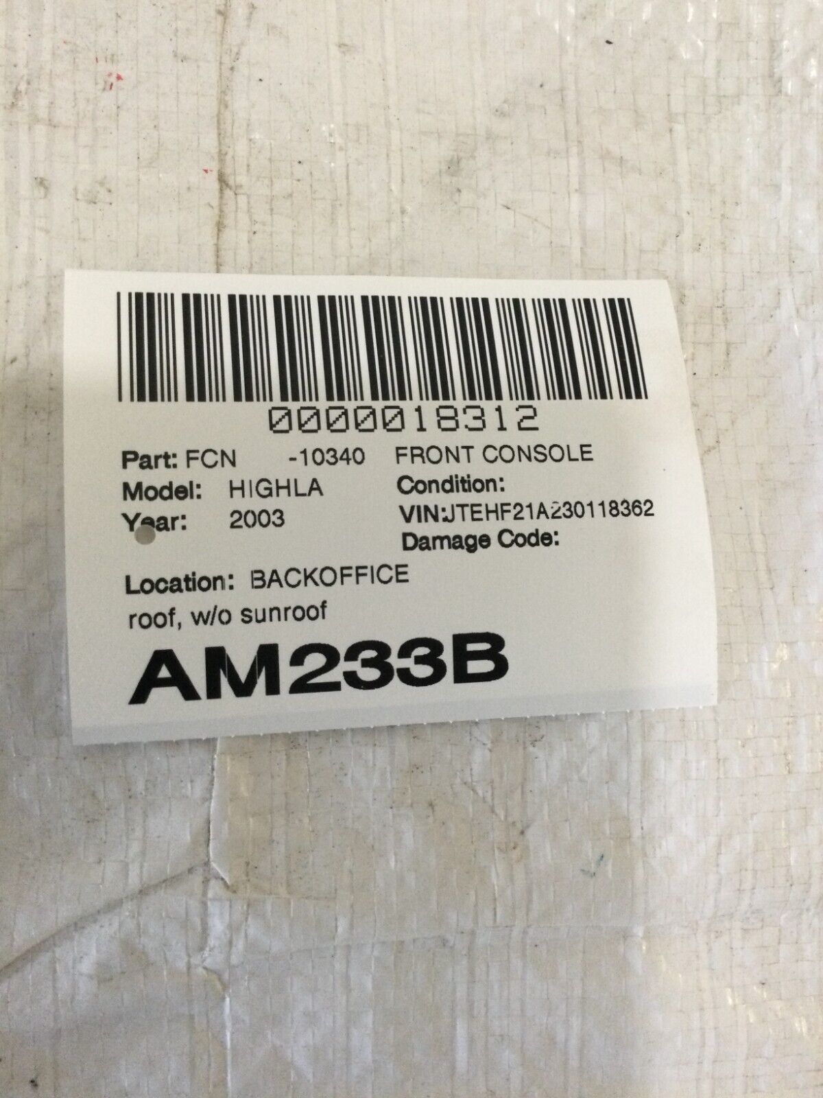 2003 Toyota Highlander Front  Console Roof  OEM