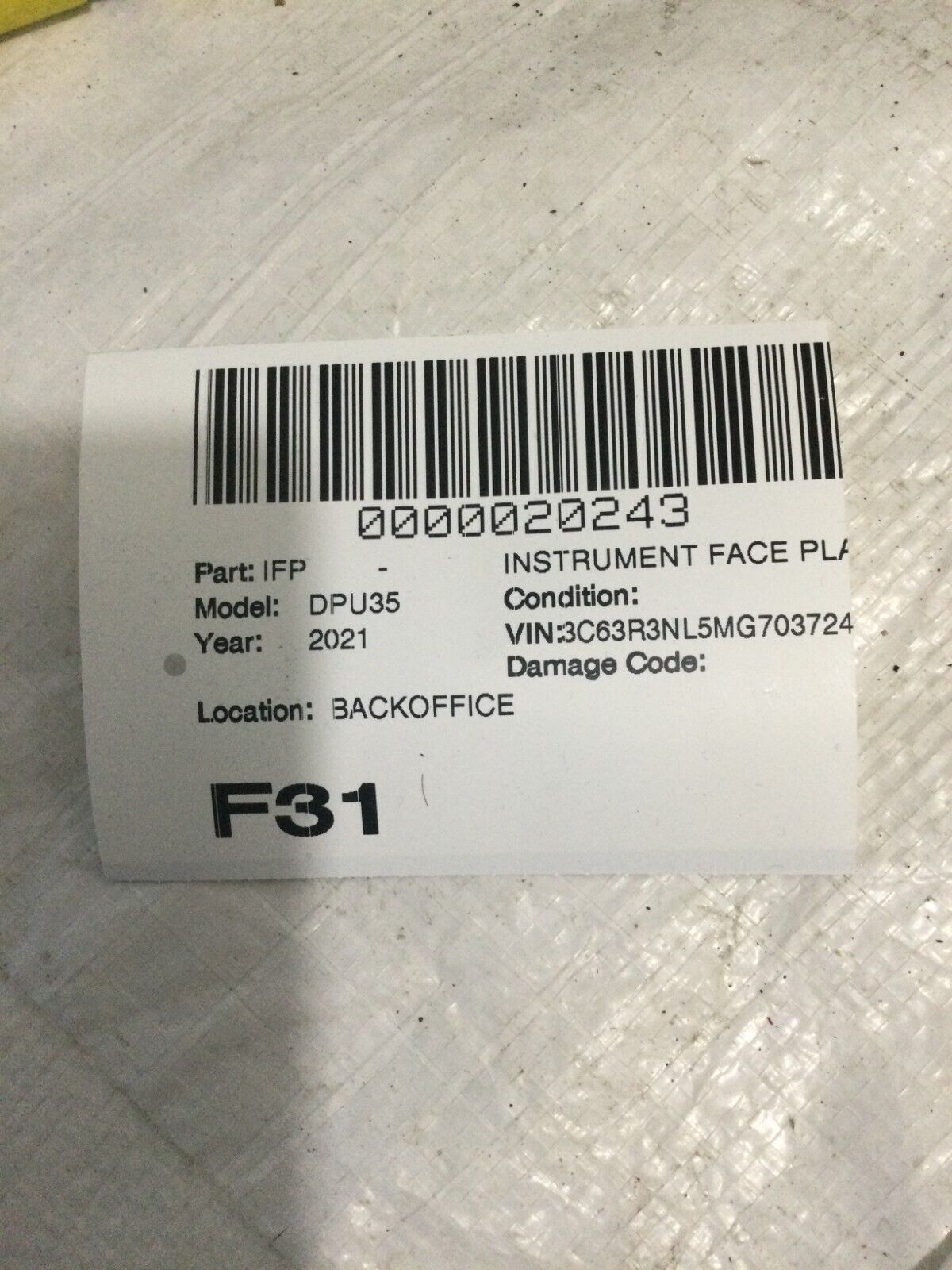 2021 Dodge Ram 3500 Longhorn Cluster Visor Leather OEM