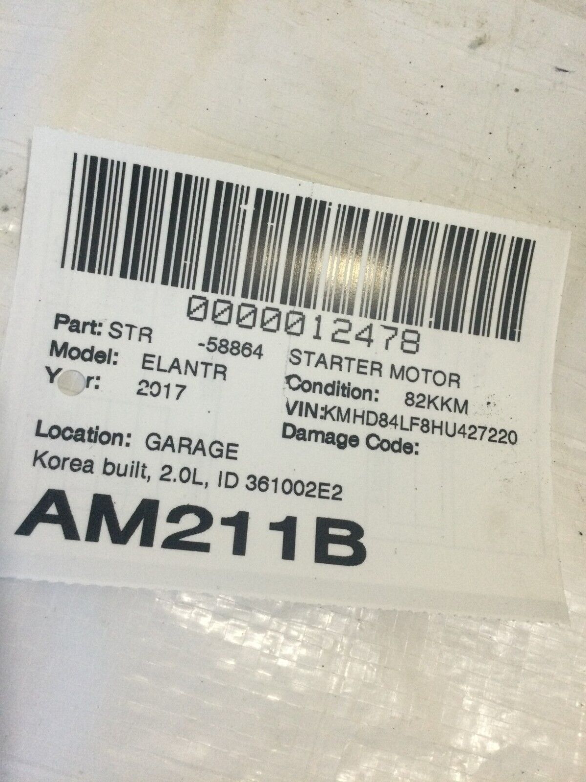 2017 Hyundai Elantra Engine Starter Motor OEM 1209395