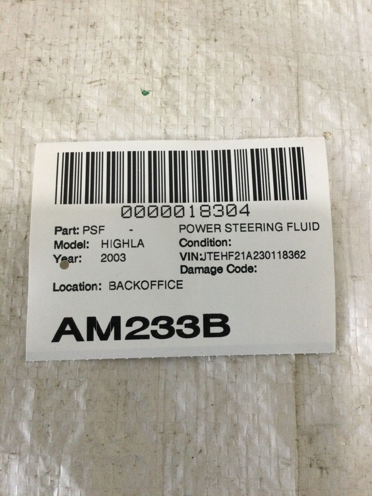 2001-2003 Toyota Highlander Power Steering Fluid Reservoir OEM