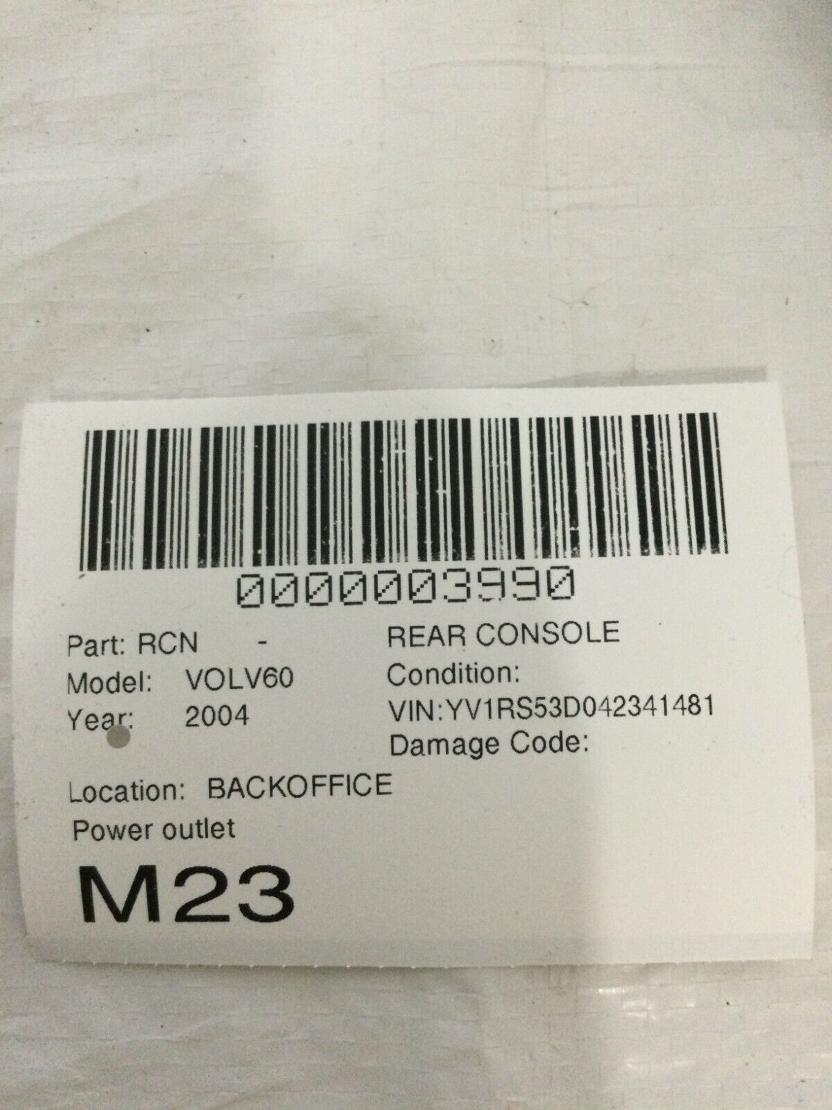 2004 Volvo S60 Rear Center Console Power Outlet OEM 9491603
