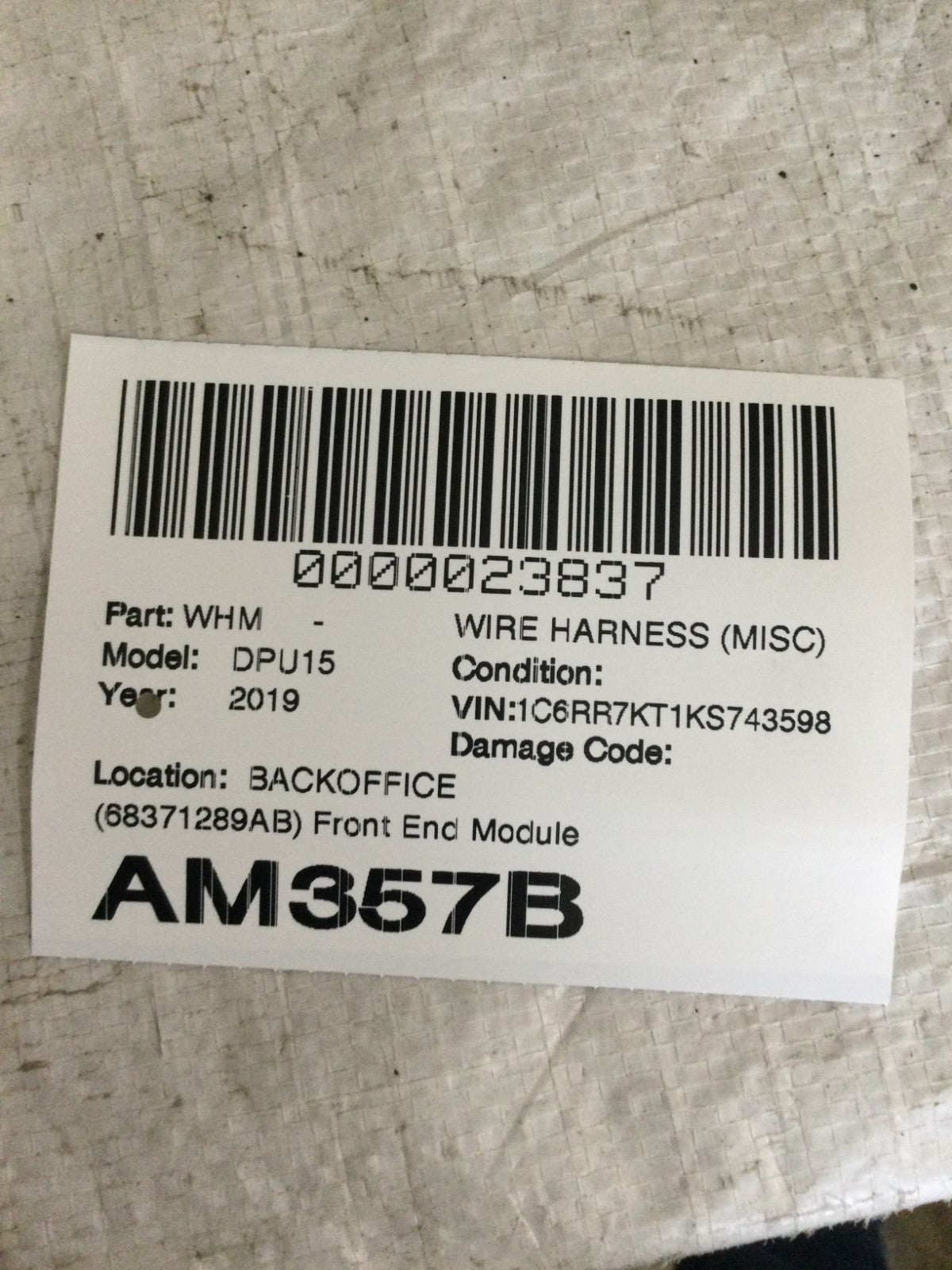 2019 Dodge Ram 1500 5.7L Front End Module Wiring OEM 68371289AA