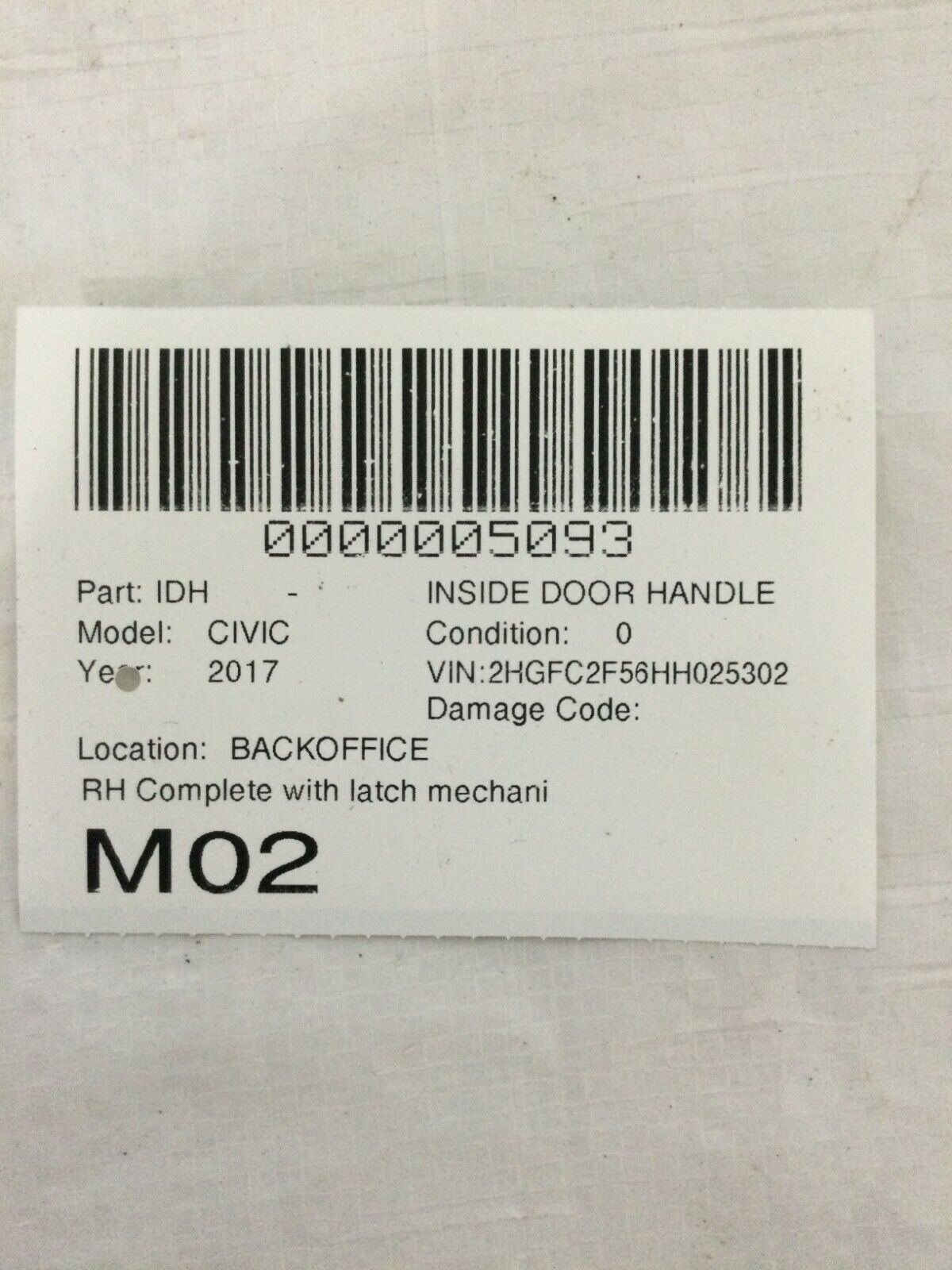 2016-2018 Honda Civic Front Right Door Lock Latch W/ Interior Door Handle OEM