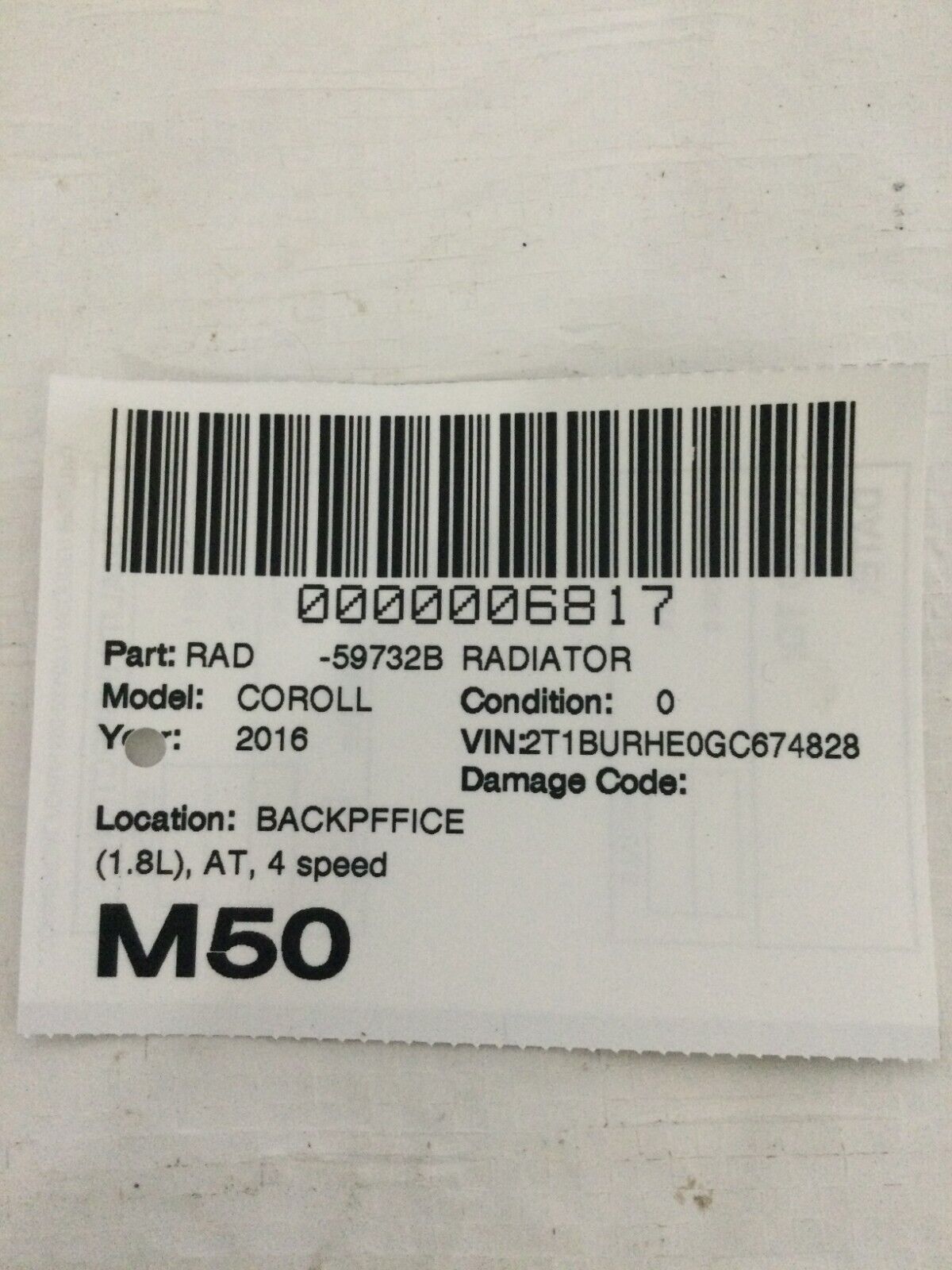 2016 Toyota Corolla Radiator Assembly OEM 1.8L
