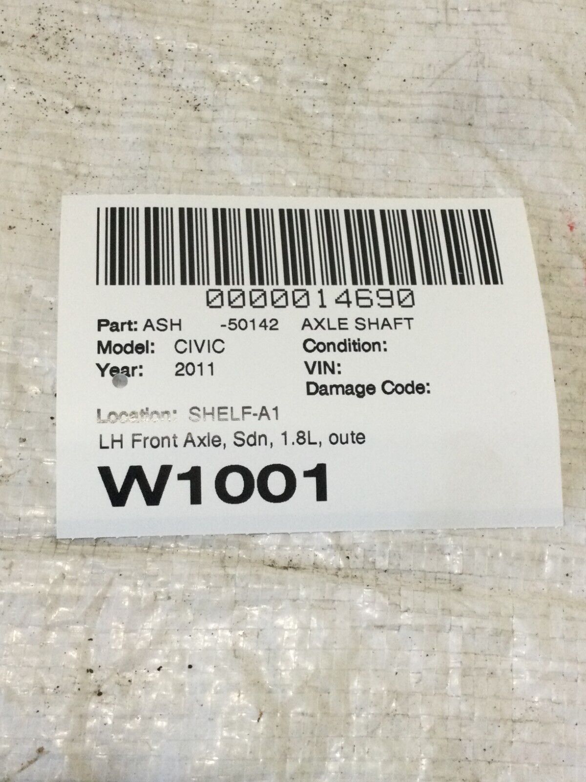 2017 Honda Civic Front Left  Axle Shaft OEM