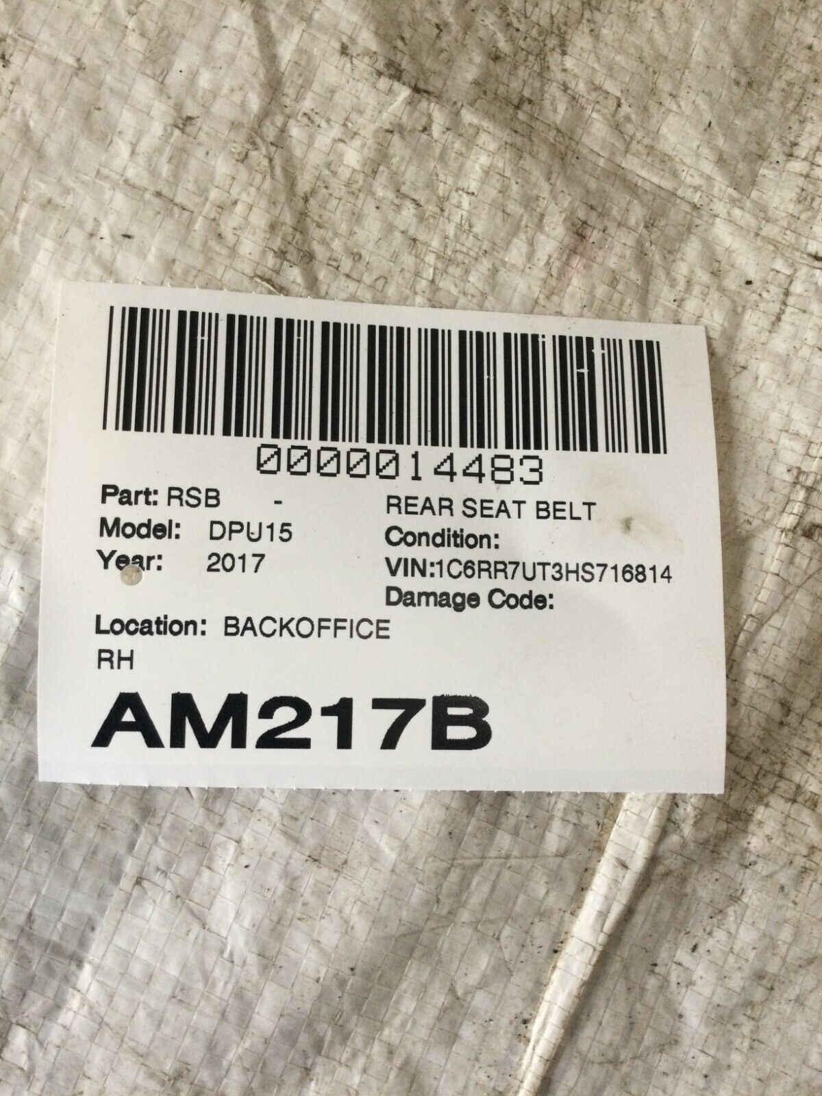 2017 Dodge Ram 1500 Rear Right Seat Belt OEM