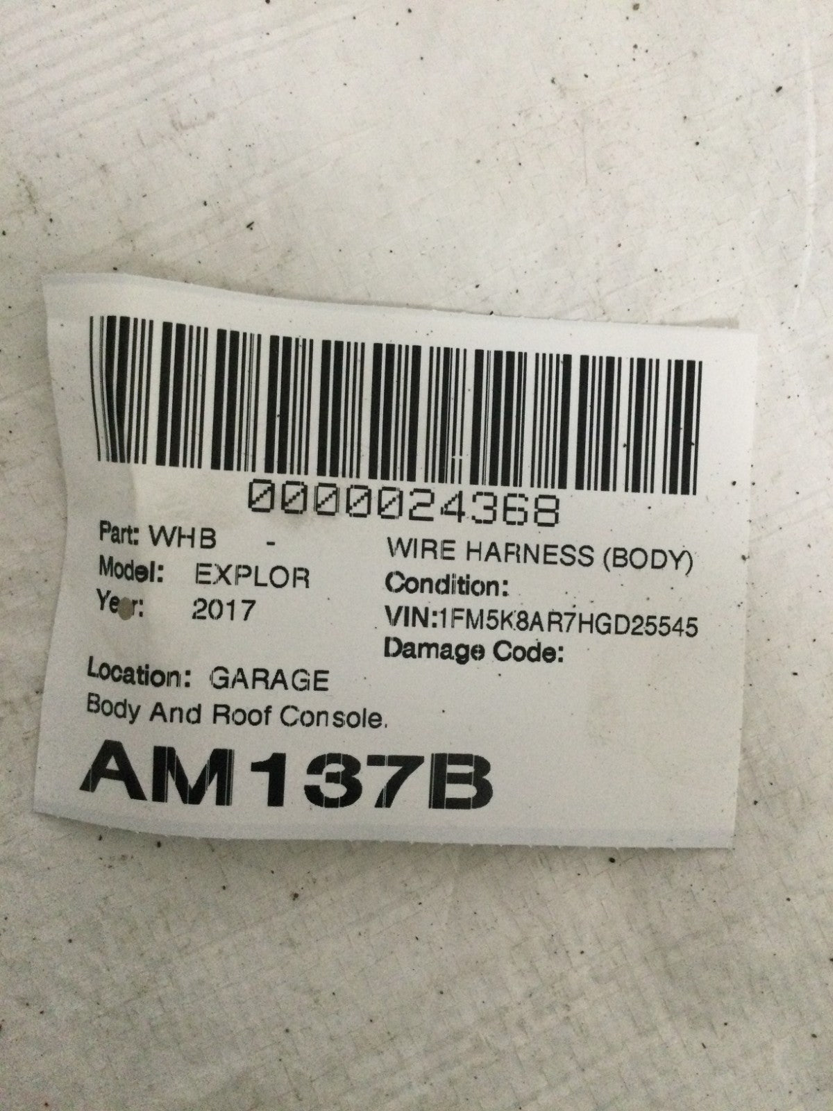 2017 Ford Explorer Body And Roof Console Wire Harness OEM JL3T-14334-BDD