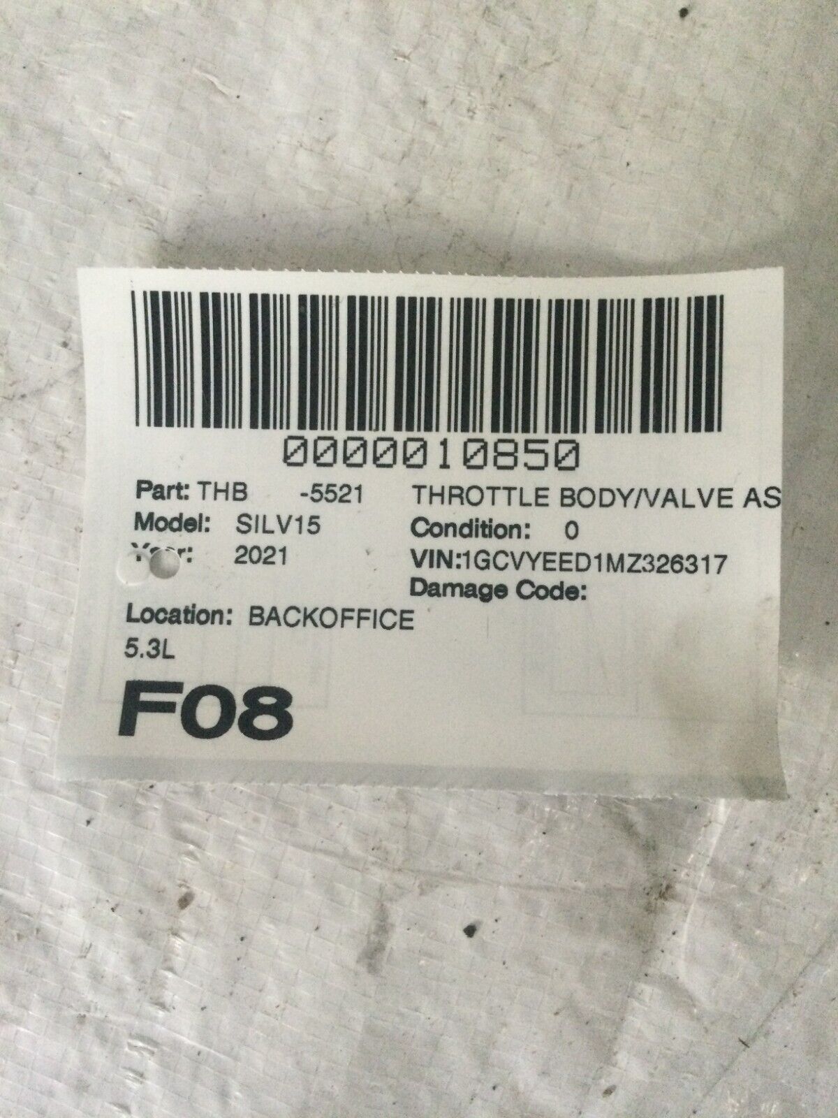 2019-2022 Chevrolet Silverado 1500 Throttle Body Valve Assembly OEM 5.3 12713775