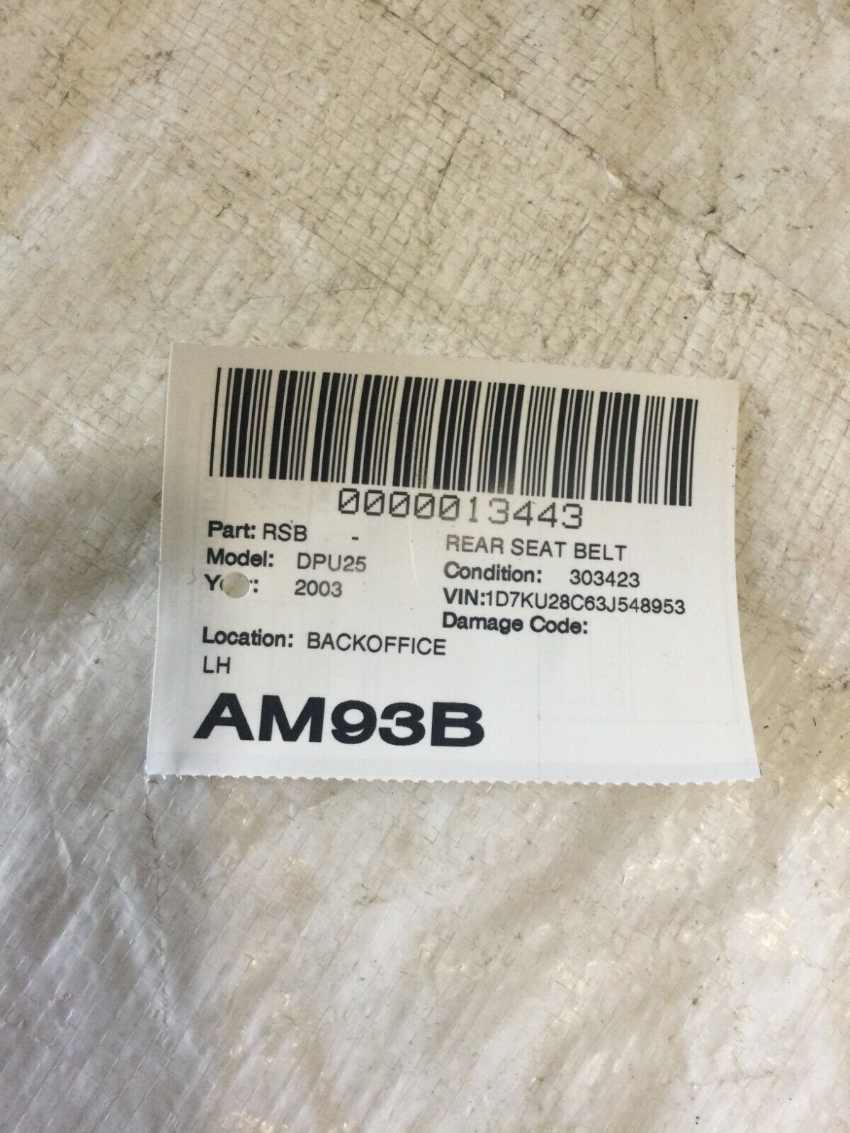 2003 Dodge Ram 2500  Rear Left Side Seat Belt  18927  OEM