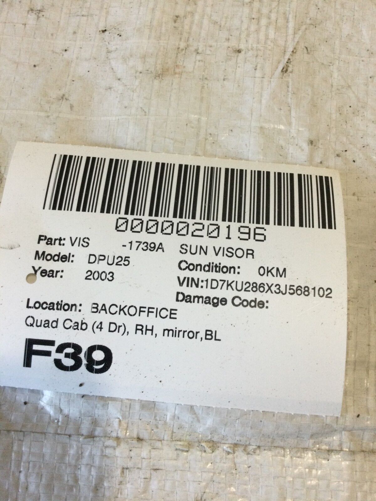 2003 to 2005  Dodge Ram 2500  Right Passenger Side Sun Visor OEM