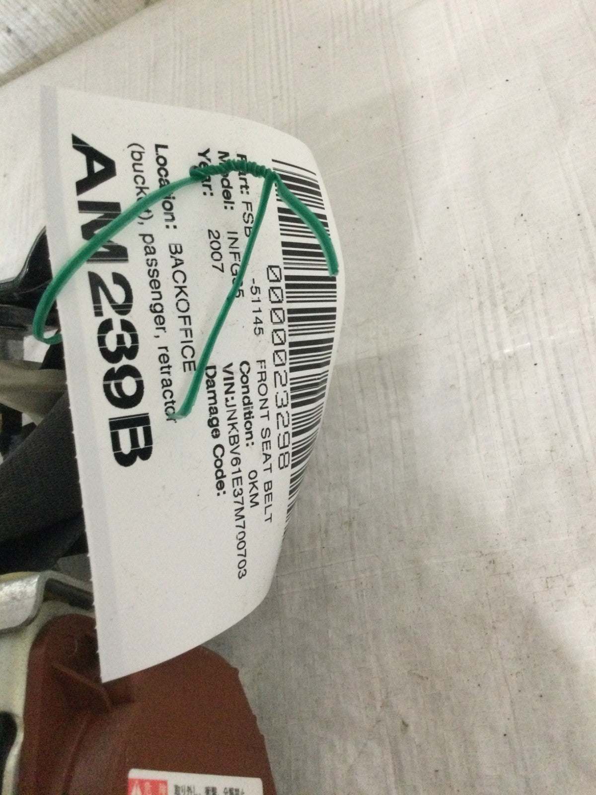 2007 Infiniti G35 Front Right Passenger Seat Belt OEM 7Q3590-P