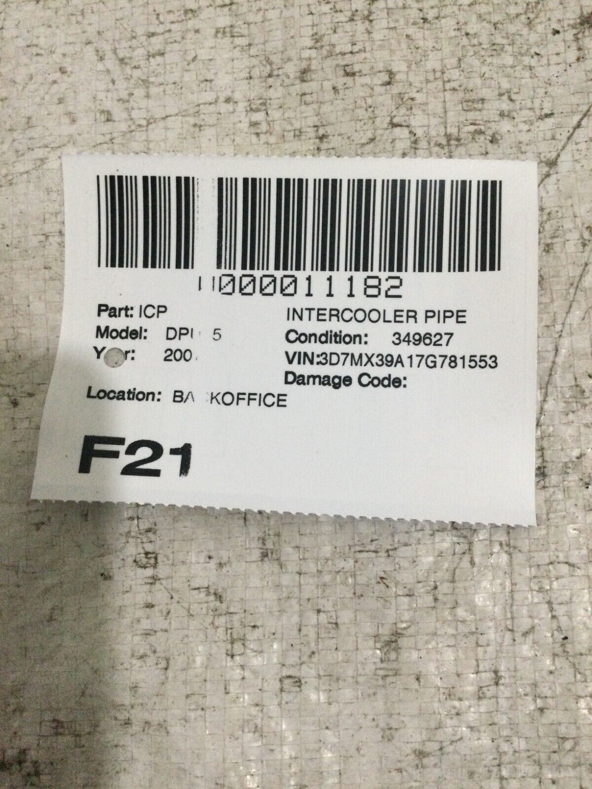 2007 Dodge Ram 3500 6.7L Turbo Diesel Intercooler Pipe OEM