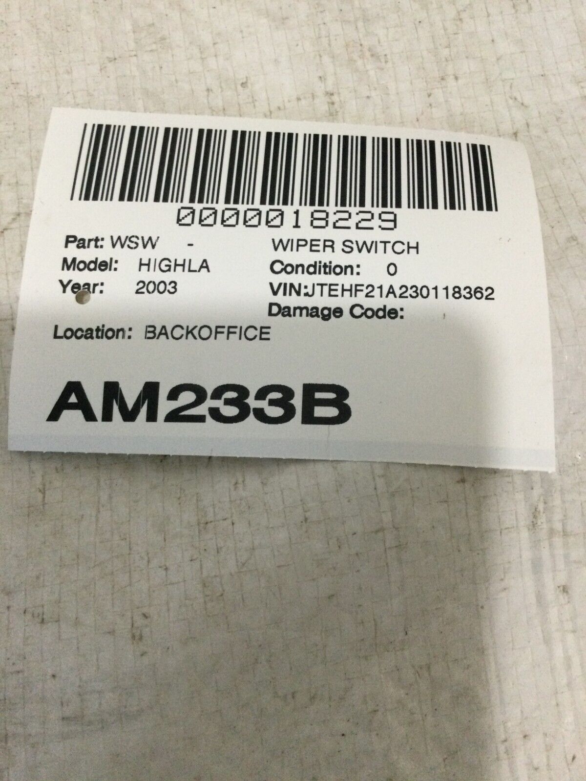 2003 Toyota Highlander  Wiper Switch Assembly OEM