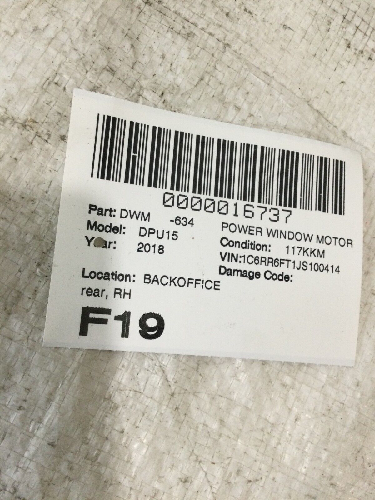 2018 RAM 1500 Right Rear Door Power Window Motor OEM