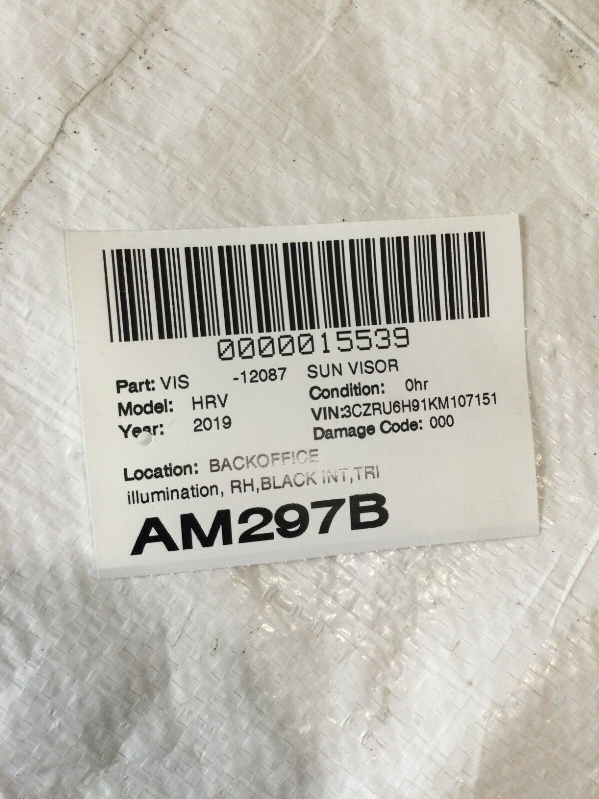 2019 Honda HR-V  Front Right Passenger  Side  Sun Visor OEM