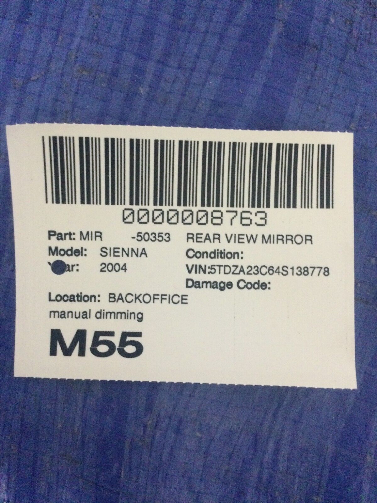 2004 Toyota Sienna Manual Interior Rear View Mirror  OEM