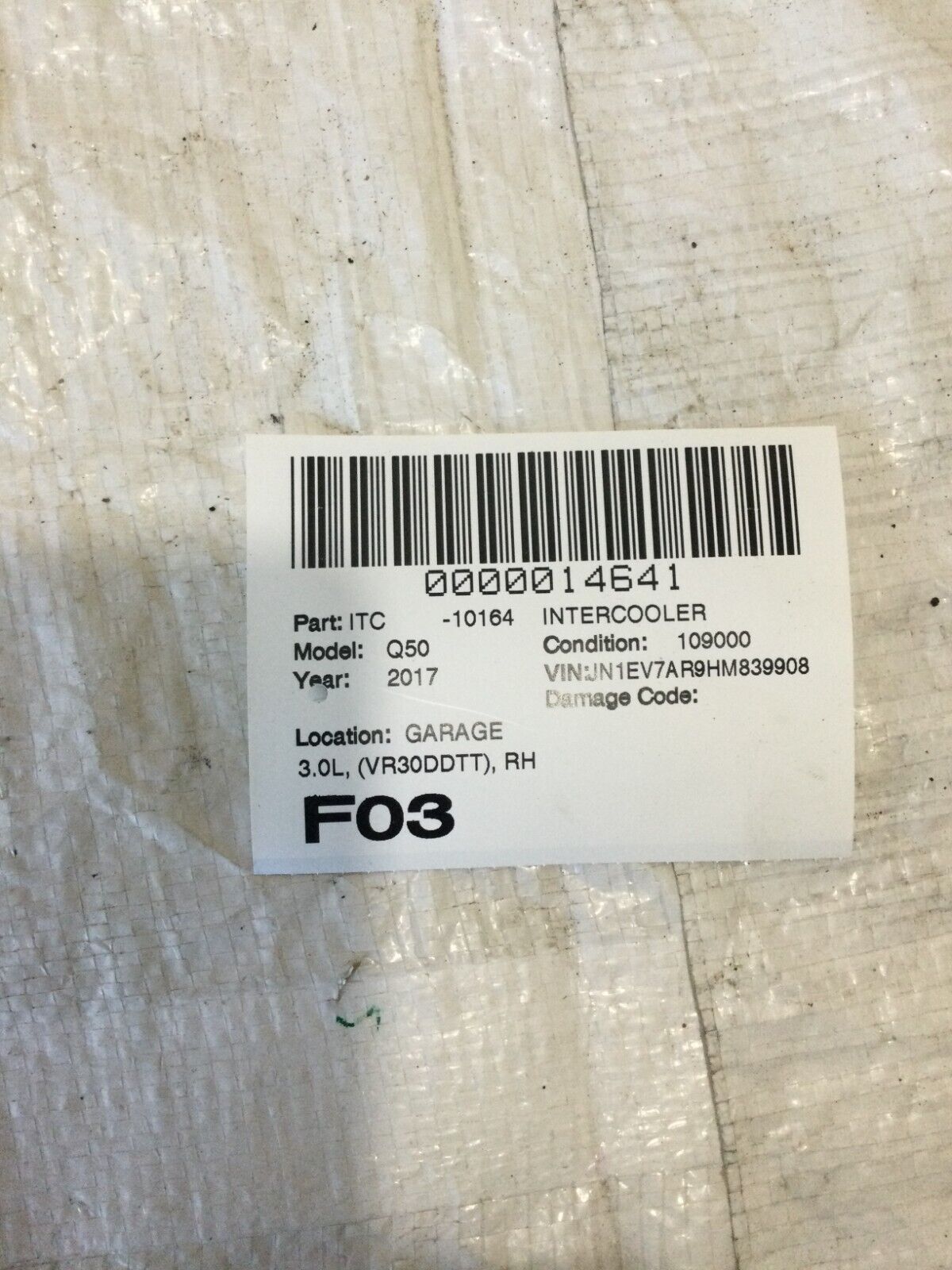 2017 Infiniti Q50 Right Side Intake Intercooler OEM