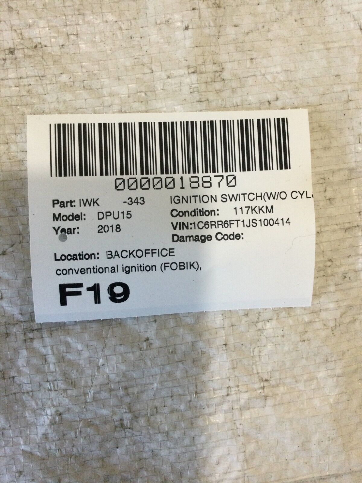 2018 Dodge Ram 1500 Igntion Node Module W/ Key 68271986AB OEM
