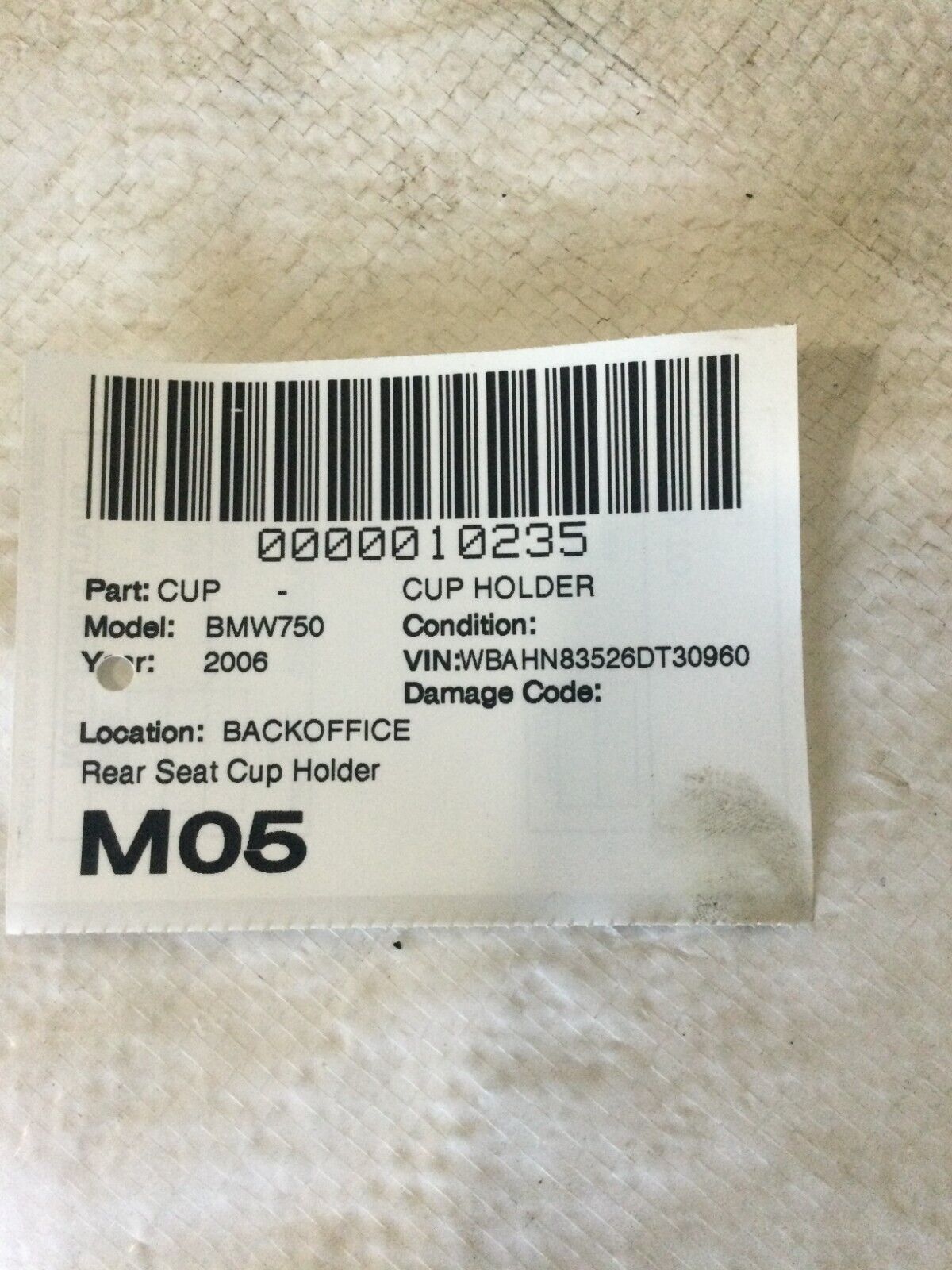 2006 BMW 750LI Rear Seat Cup Holder OEM