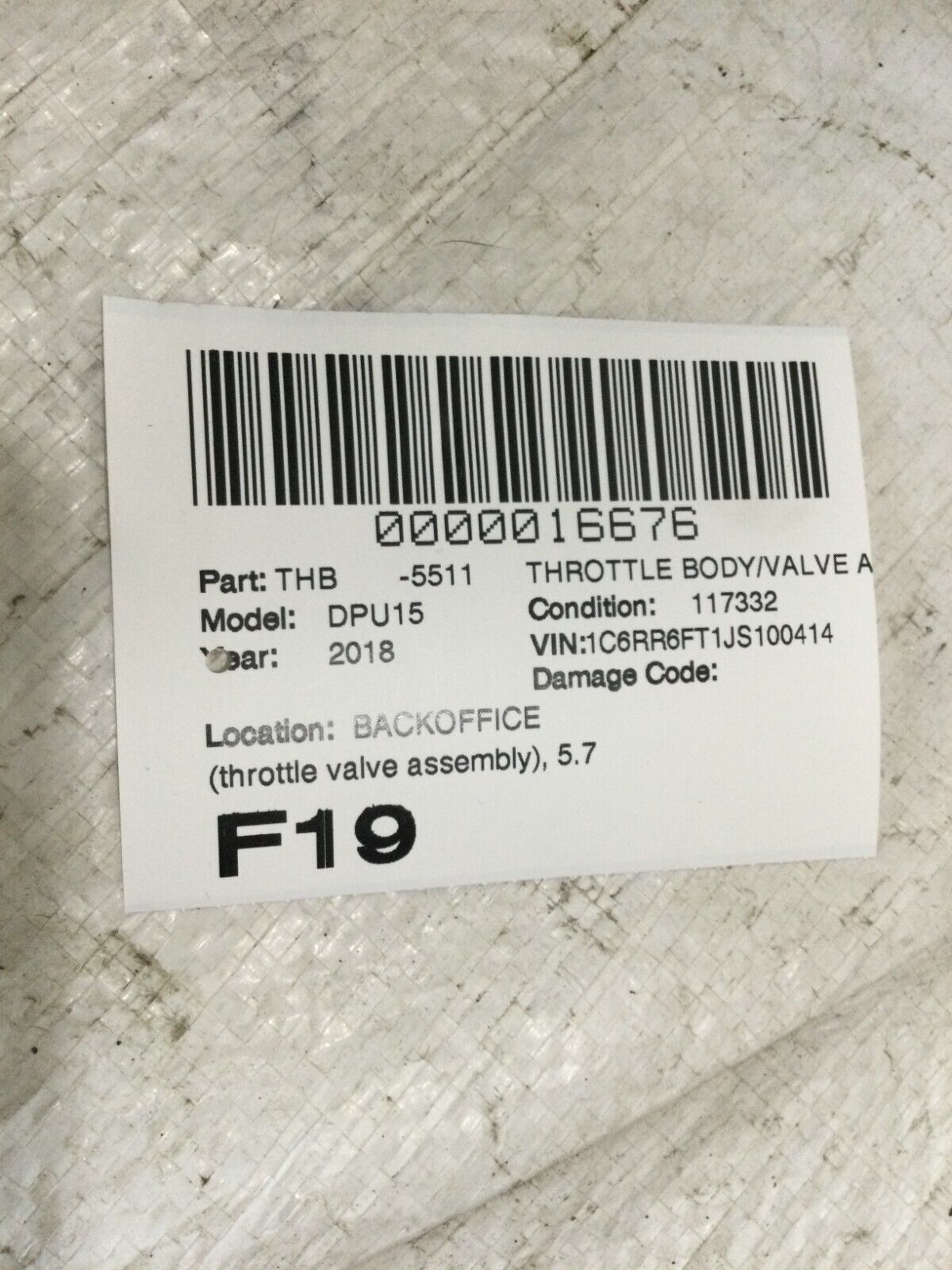 2018 RAM 1500  Throttle Body Assembly 53032801AB   OEM