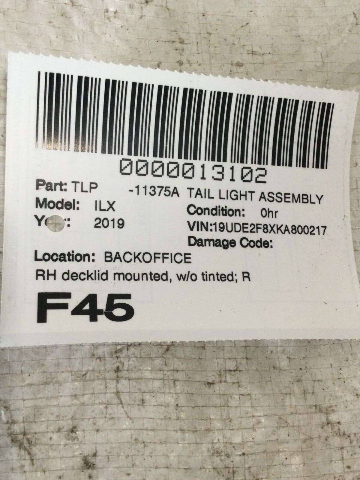 2019 Acura ILX Right Passenger Inner Tail Light Assembly  OEM