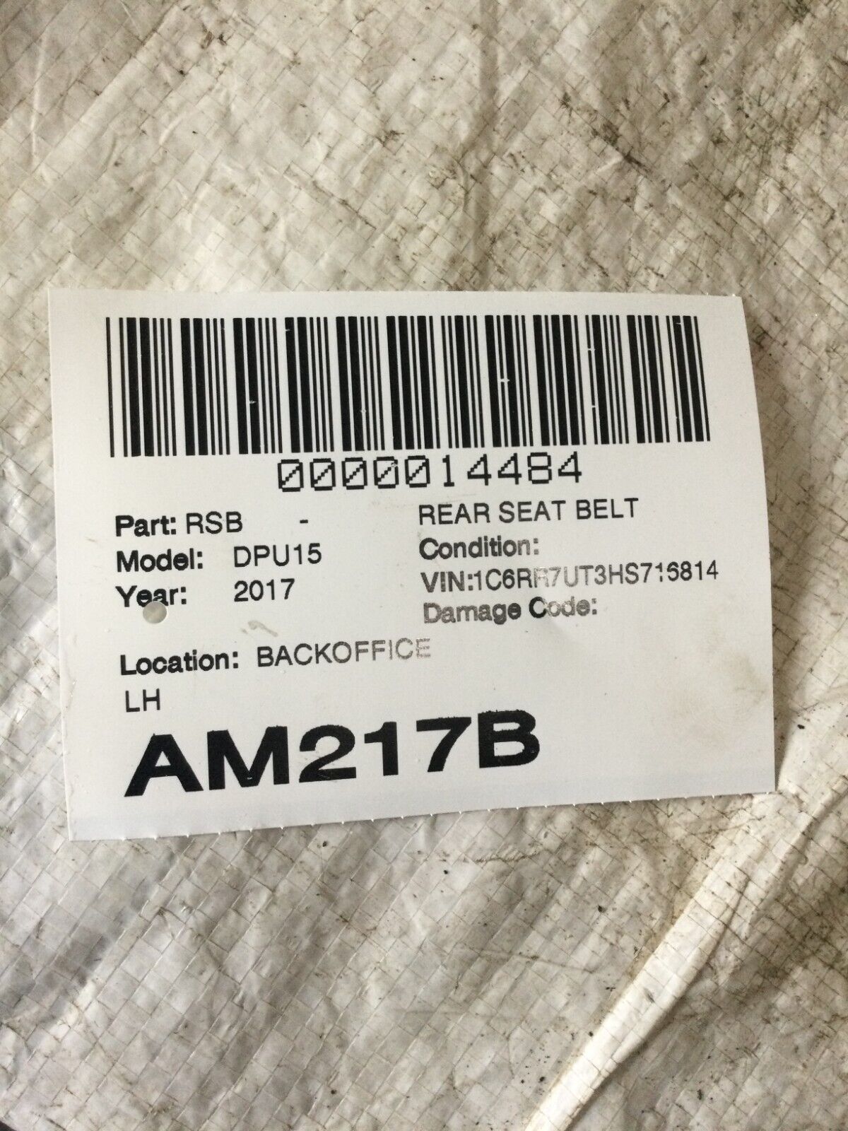 2017 Dodge Ram 1500 Rear Left Seat Belt OEM