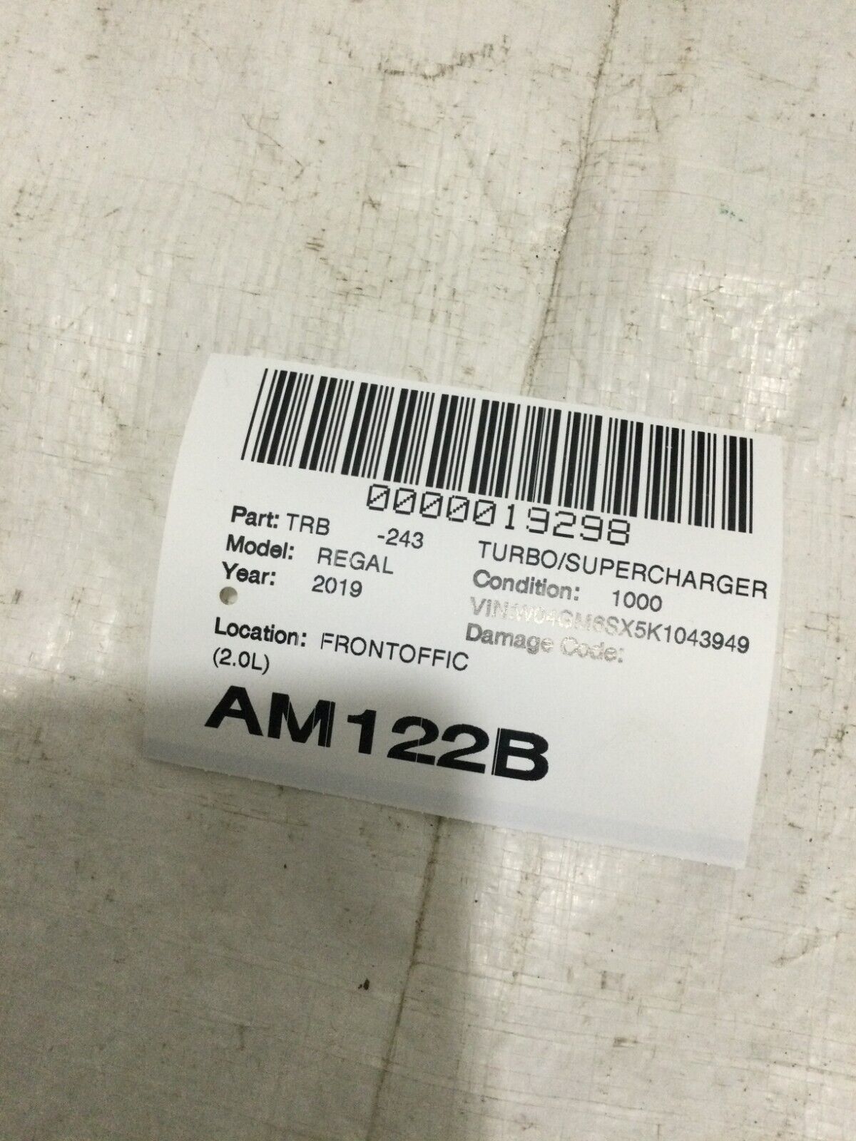 2019 Buick Regal Hatchback 2.0L Turbo Supercharger OEM