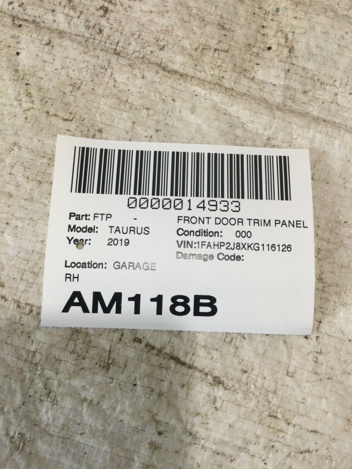 2019 Ford Taurus Front Right Door Trim Panel Black OEM