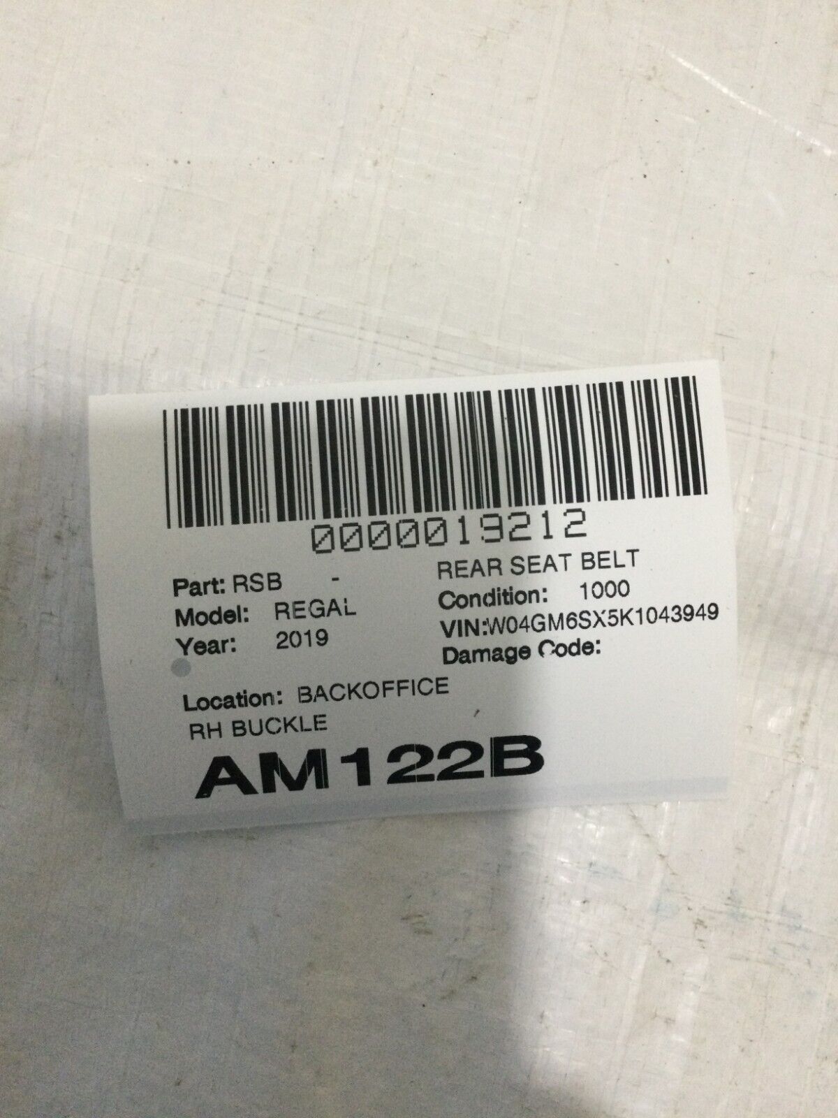2018-2020 Buick Regal Rear Right Seat Belt Buckle OEM