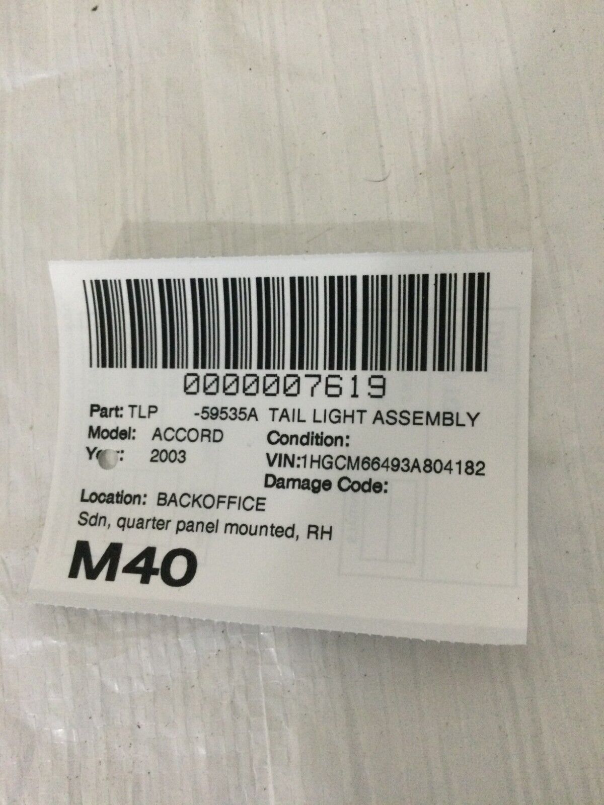 2003-07 Honda Accord Sedan Lid Mounted Right Passenger Outer Tail Light Lamp OEM