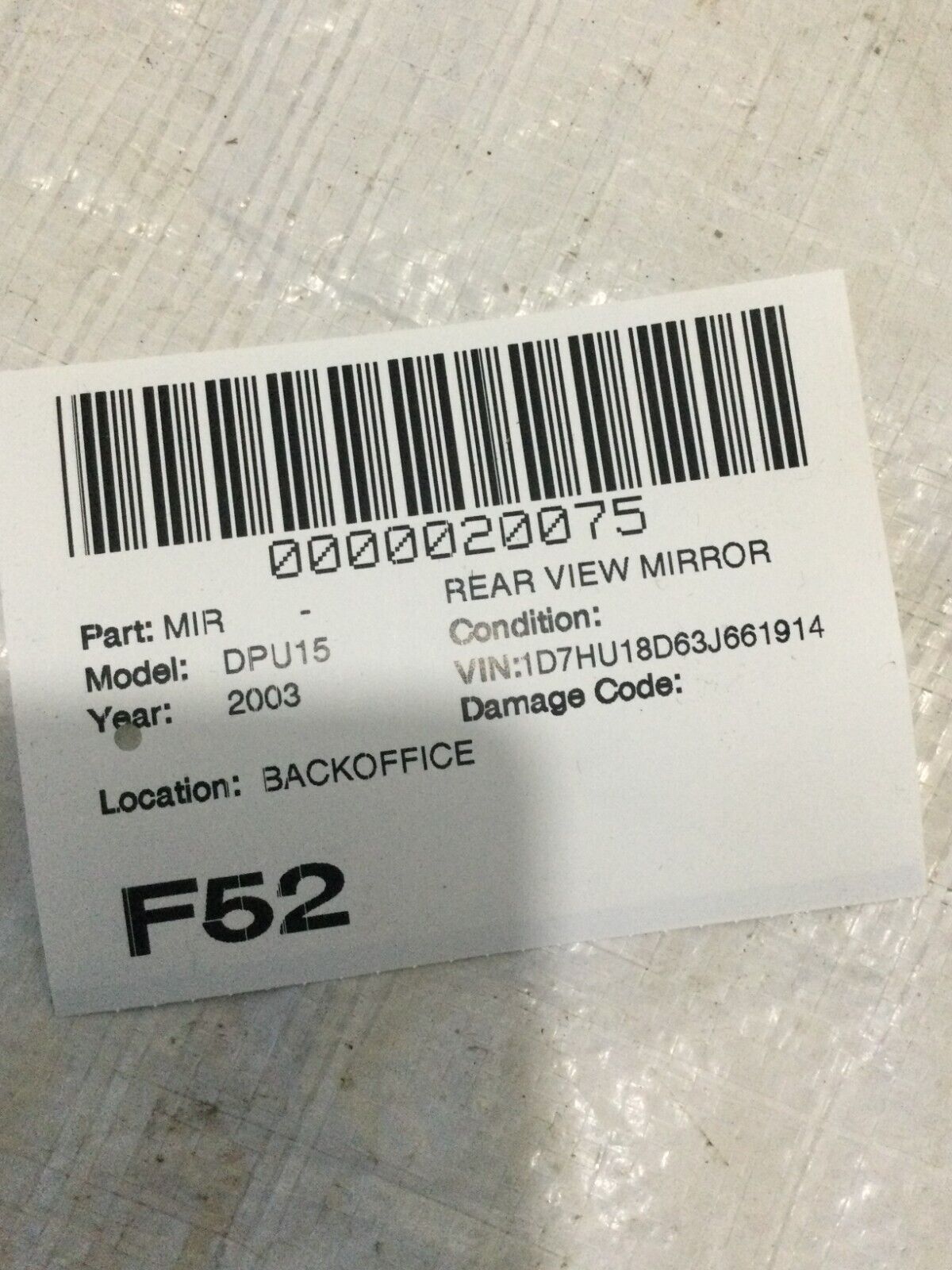 2003 Dodge Ram 1500 Interior Rear View Mirror OEM