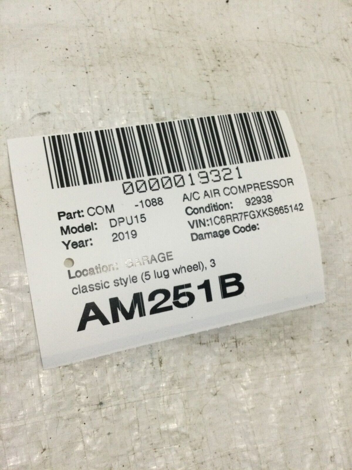 2019 RAM 1500 Air  Compressor Assembly  68158901AE OEM