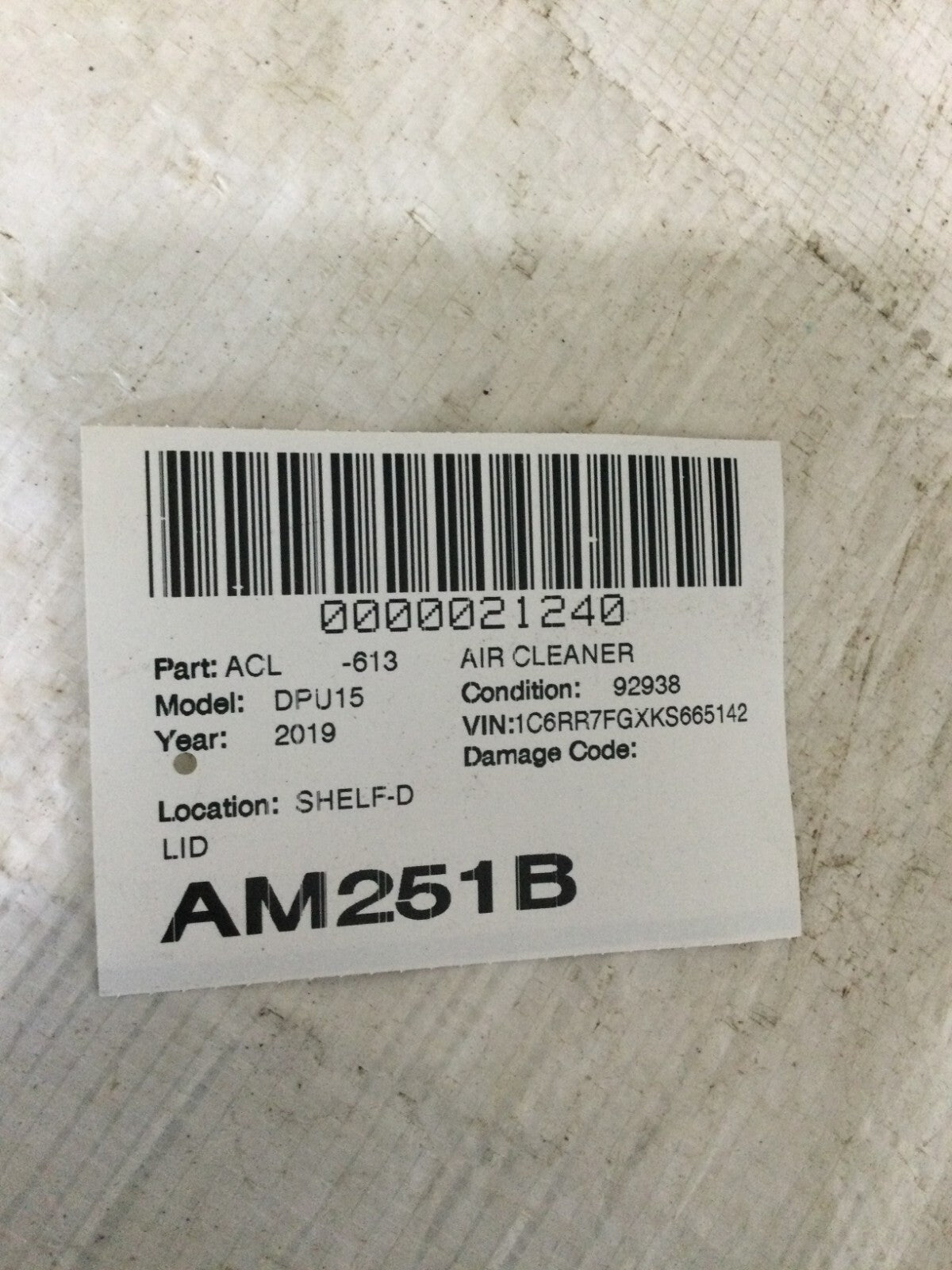 2019 Dodge Ram 1500 Air Cleaner Filter Box Top Lid OEM