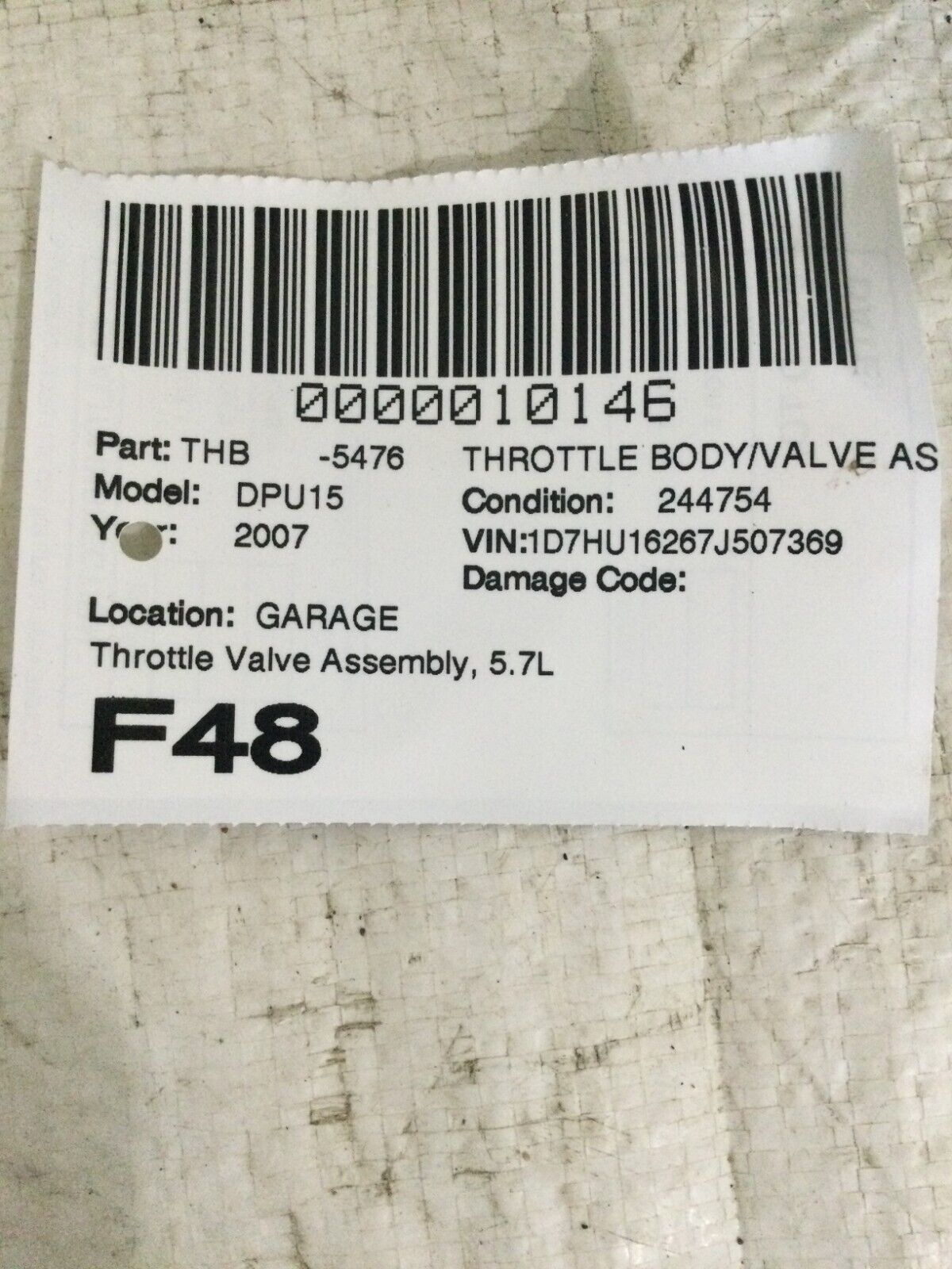 2007 Dodge Ram 1500 5.7L  Throttle Body Valve Assembly OEM