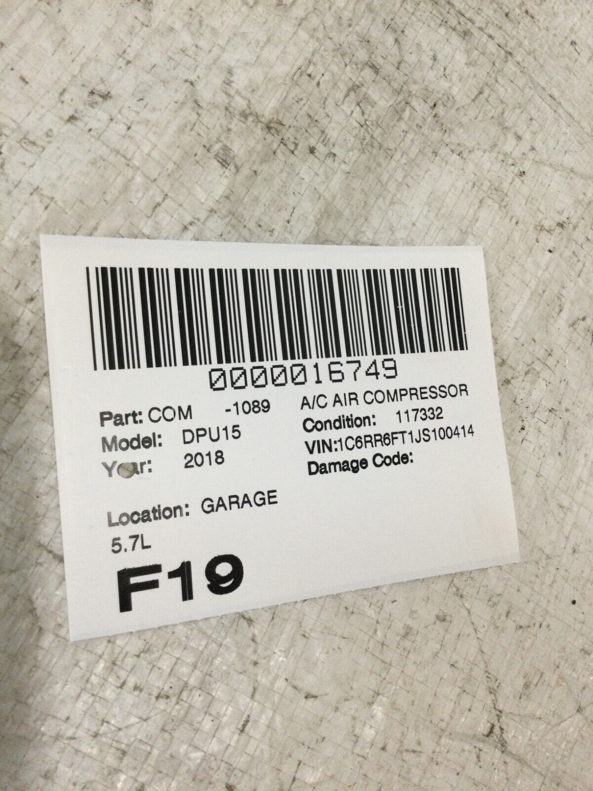 2018 RAM 1500 Air Compressor Assembly   68140664AD OEM