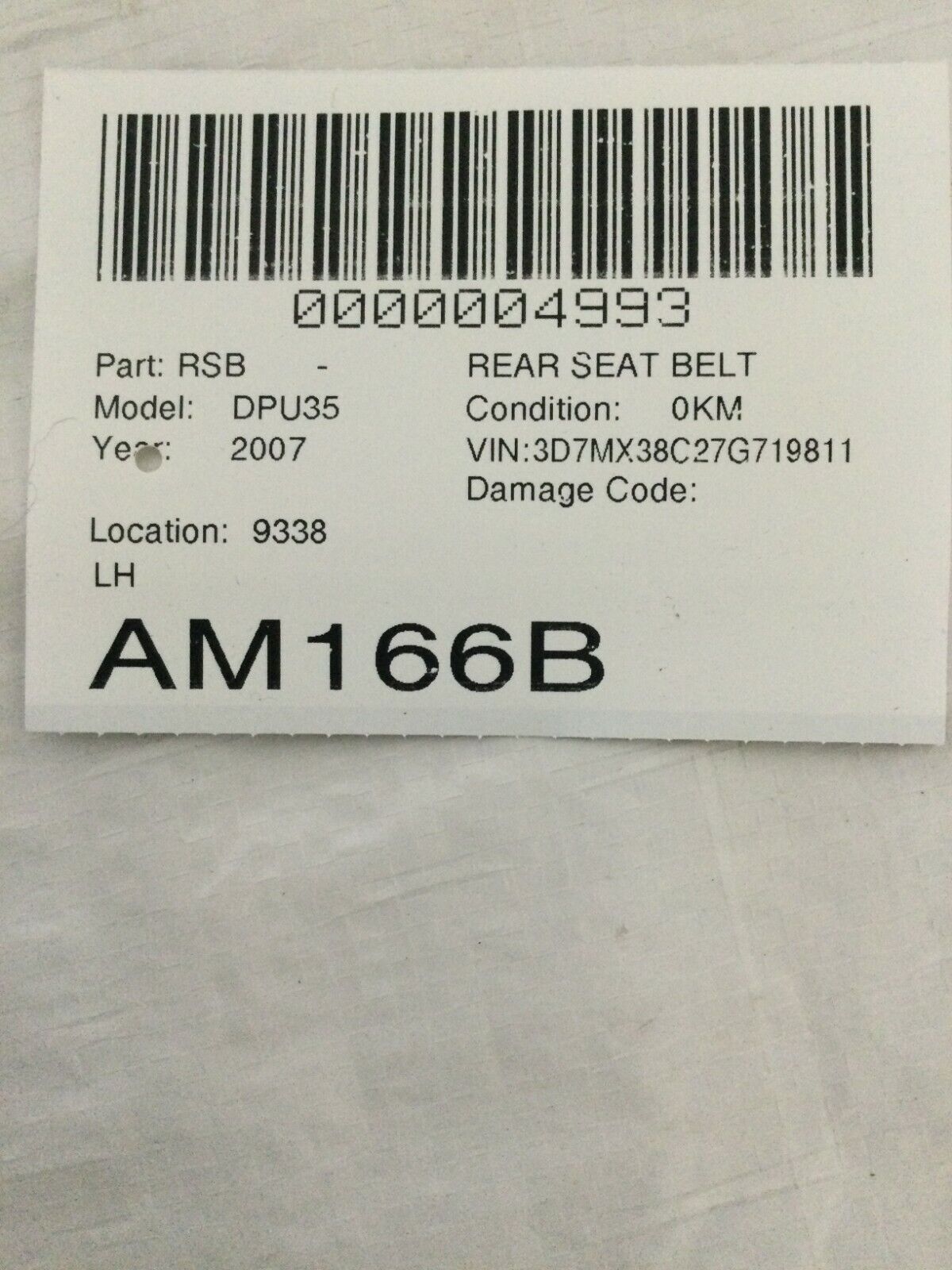 2006-2007 Dodge Ram 3500 Rear Left Seat Belt OEM