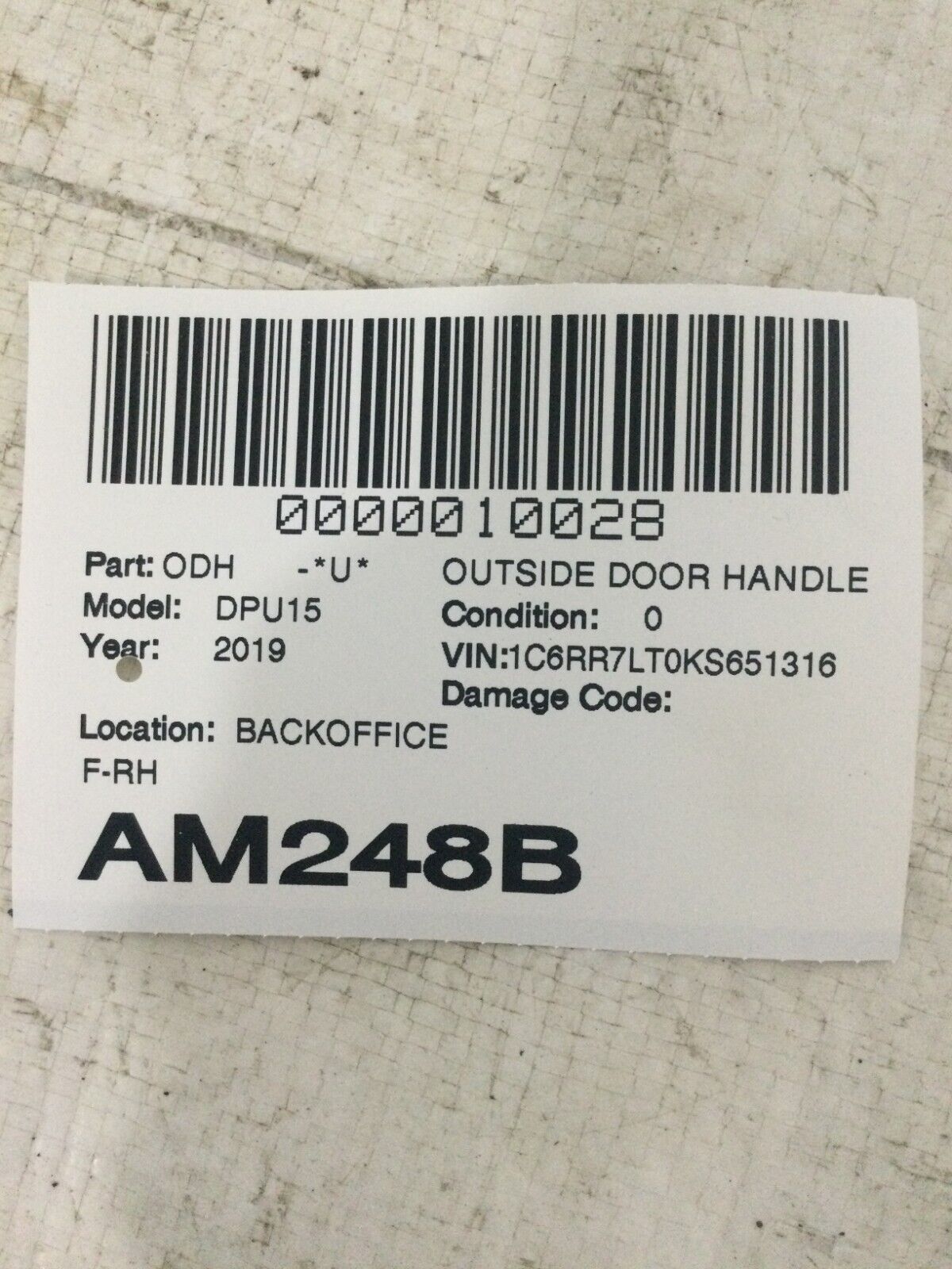 2019 Dodge Ram 1500 Exterior Door Handle Rear Right Passenger OEM 1GH261R8AC OE