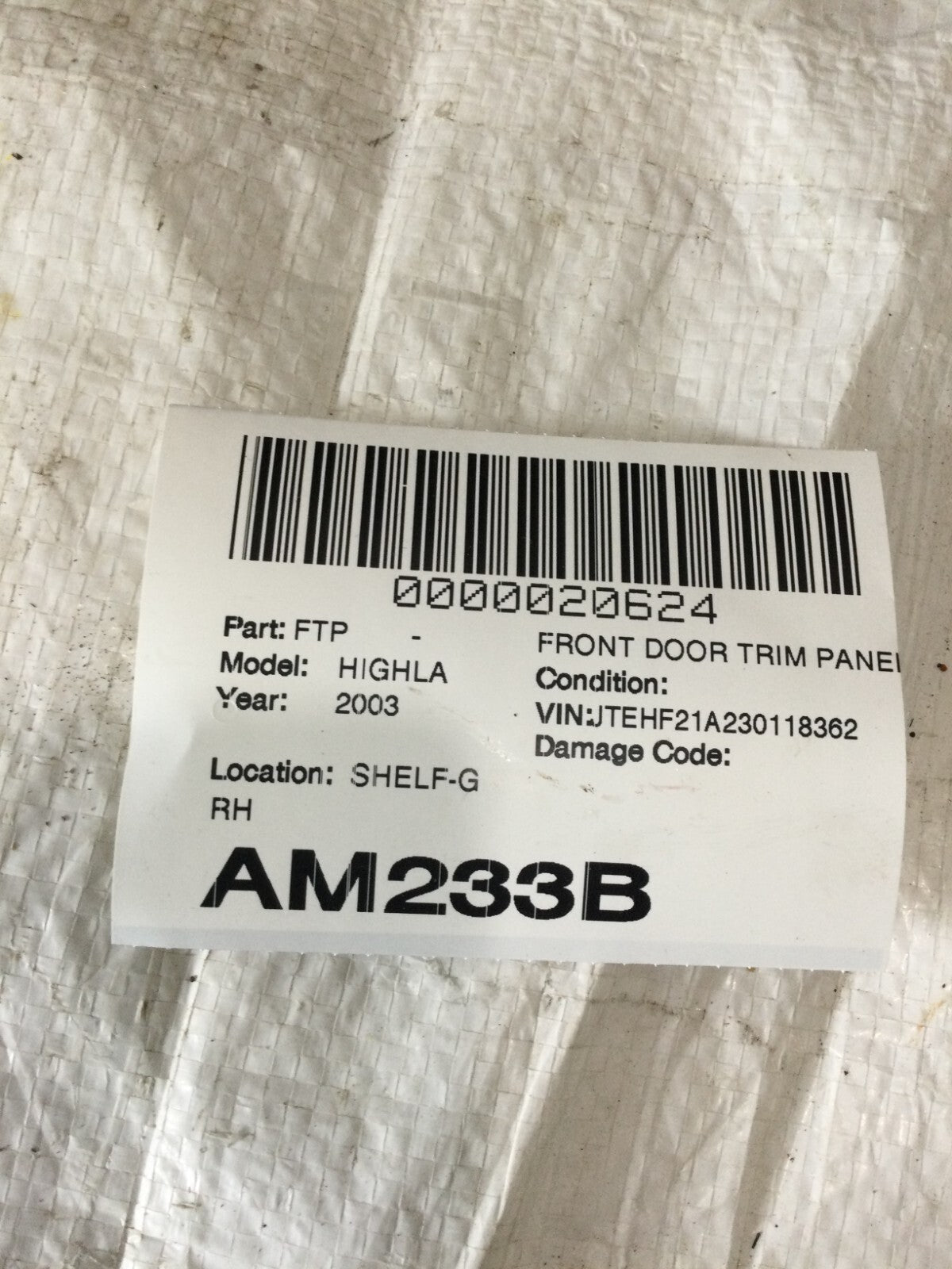 2001-2003 Toyota Highlander Front Right Passenger Door Trim Panel OEM