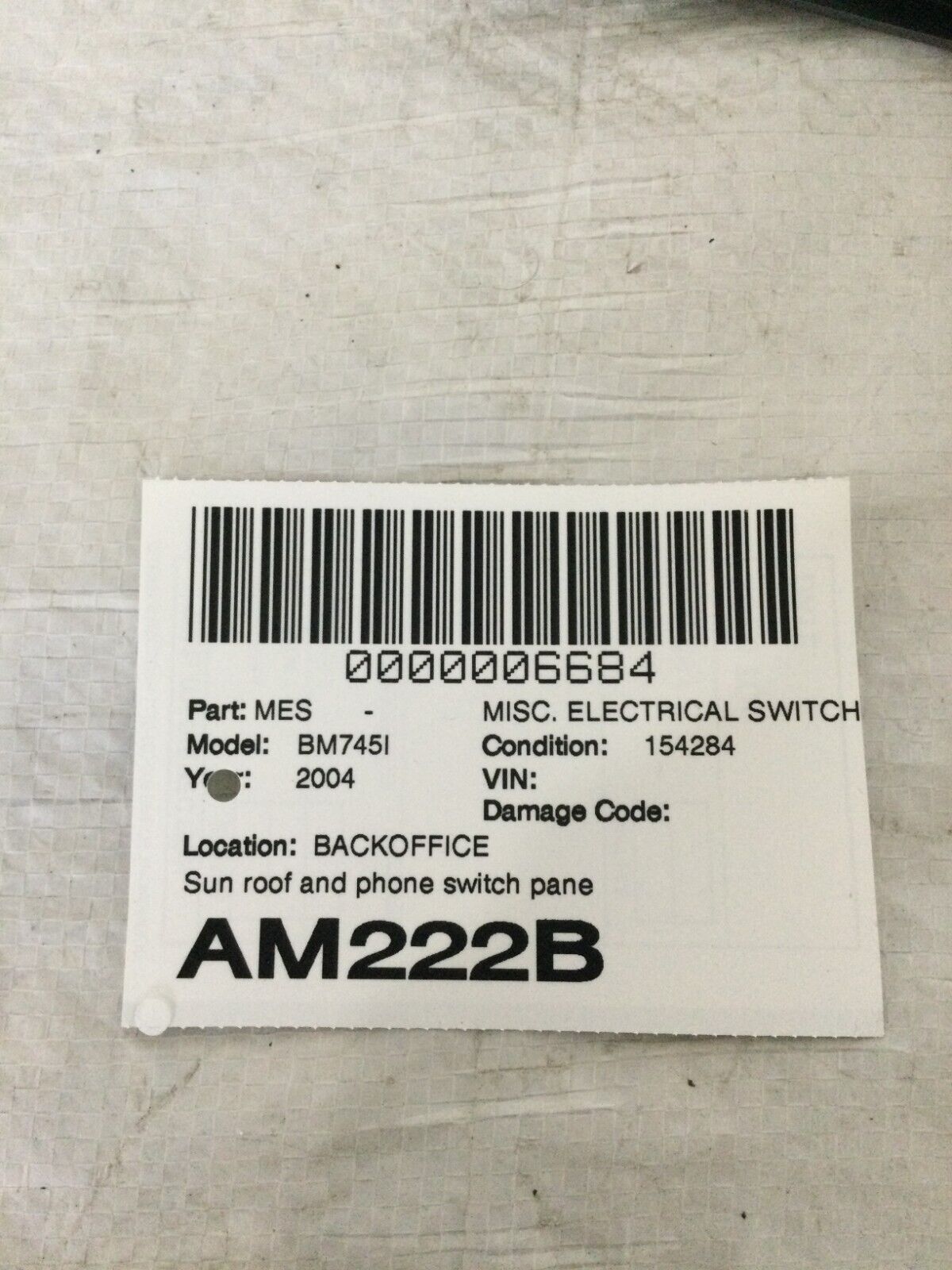 2004 BMW 745i E65/E66 Sunroof SOS Control Switch OEM 6922154