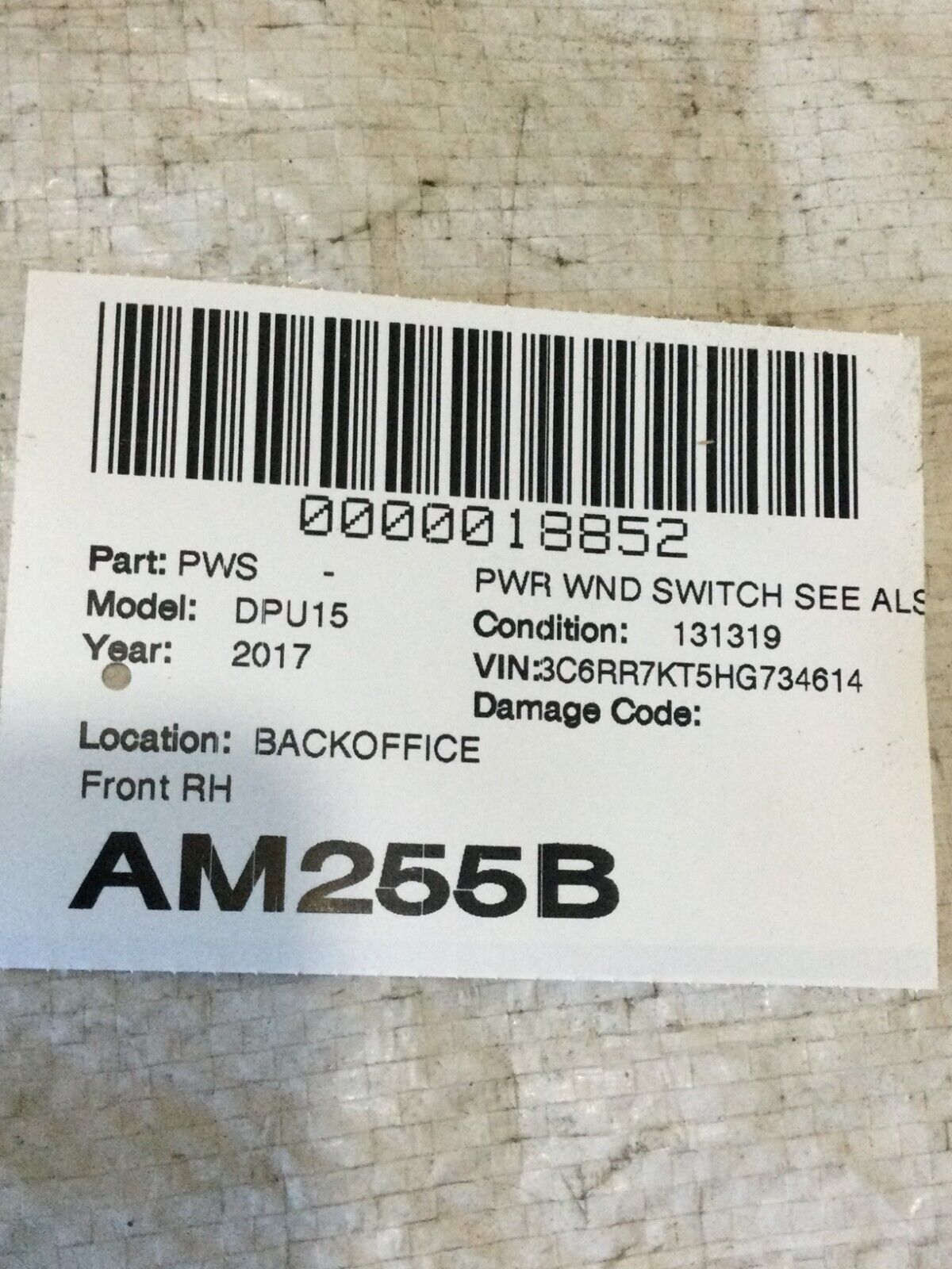2017 RAM 1500 Front Right Passenger Side Power Window Switch OEM