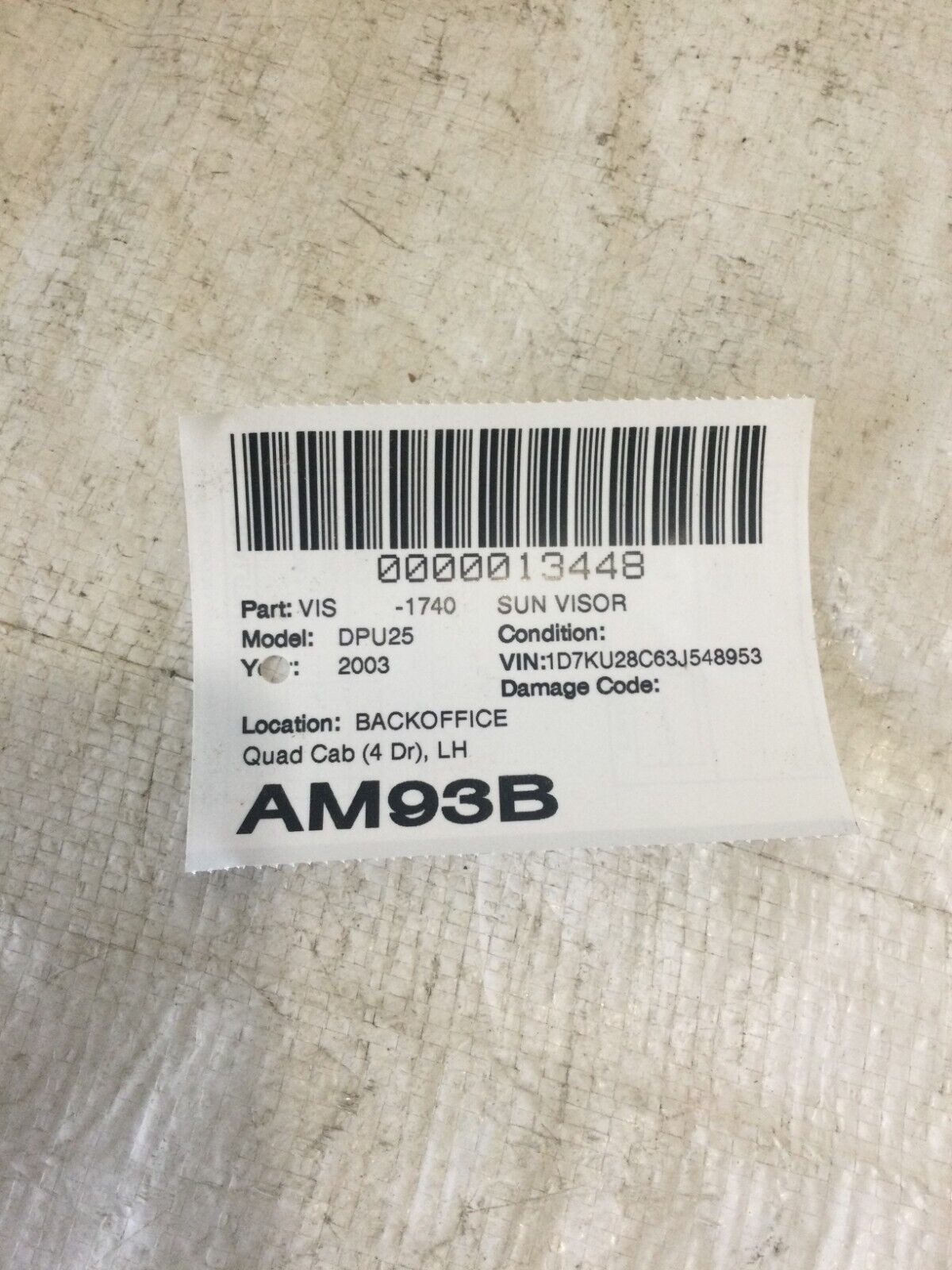 2003-2006 Dodge Ram 2500 Left Driver Sun Visor LH OEM