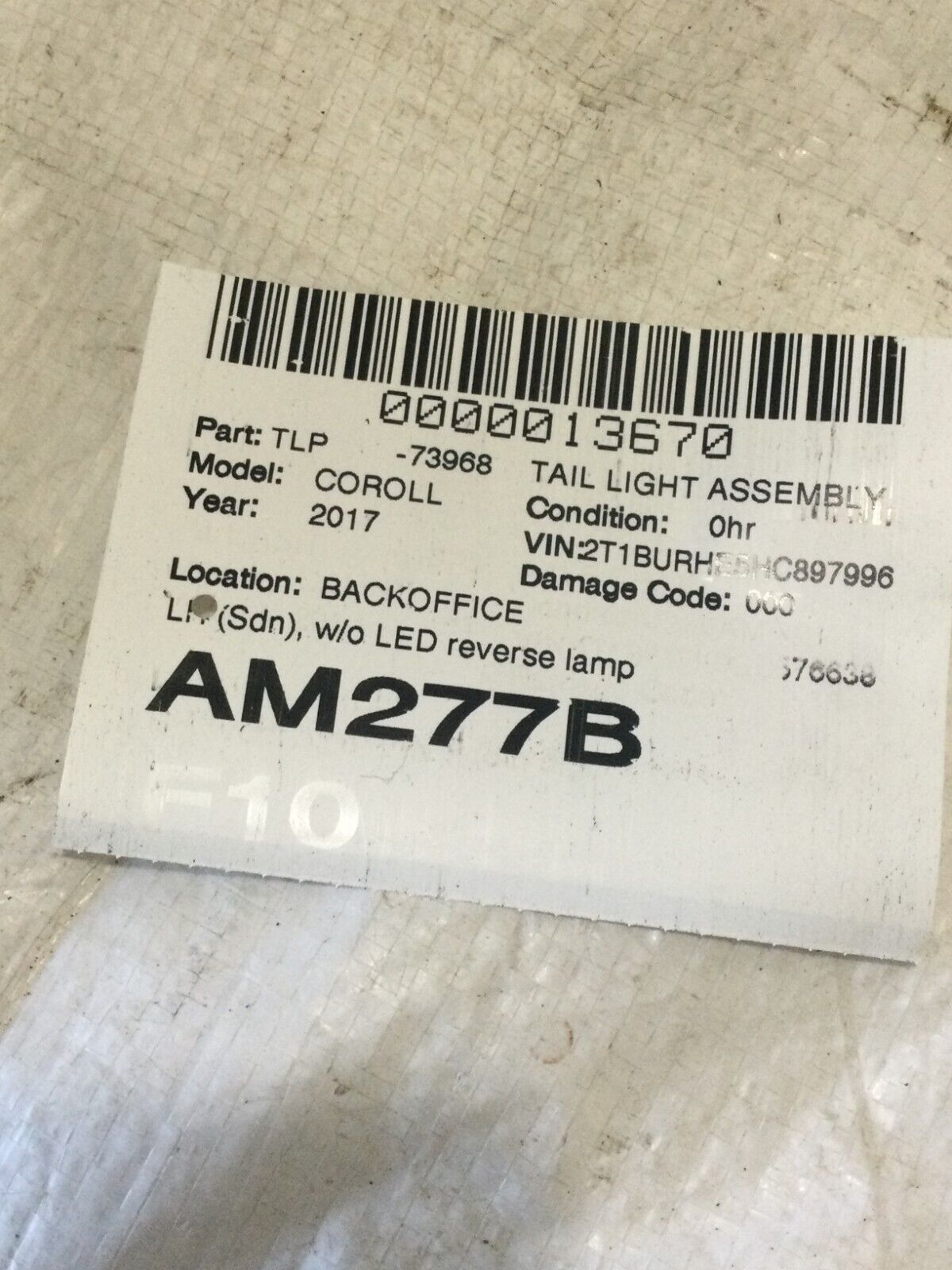 2017 Toyota Corolla Sedan Inner Tail Light Left Driver Side OEM LH