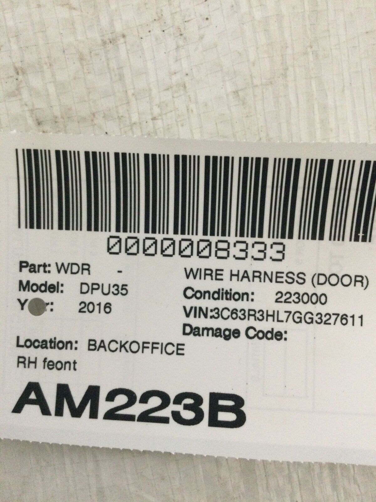 2016-2017 Dodge Ram 3500 Front Right Passenger Door Harness OEM 68263816AB