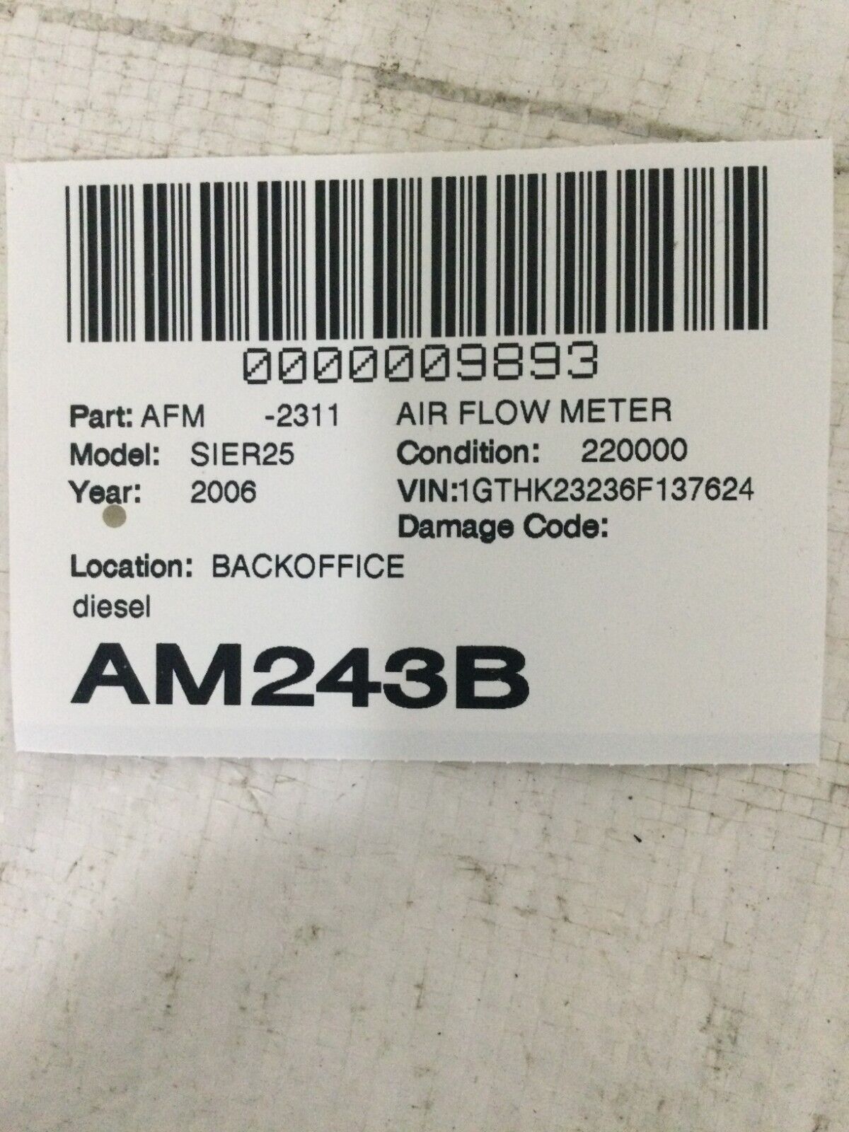 2006 GMC Sierra 2500HD Diesel Air Flow Meter OEM 6.6L
