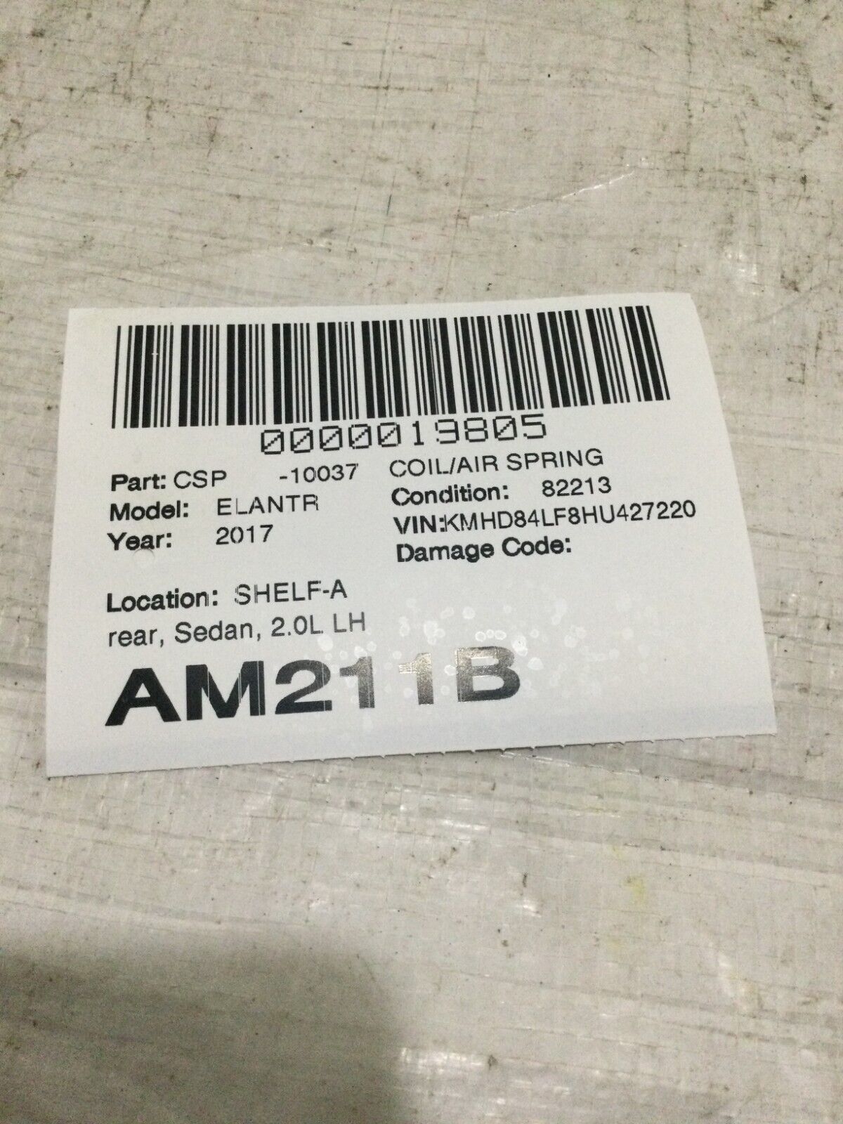2017-2019 Hyundai Elantra Sedan Rear Suspension Left Coil Spring OEM