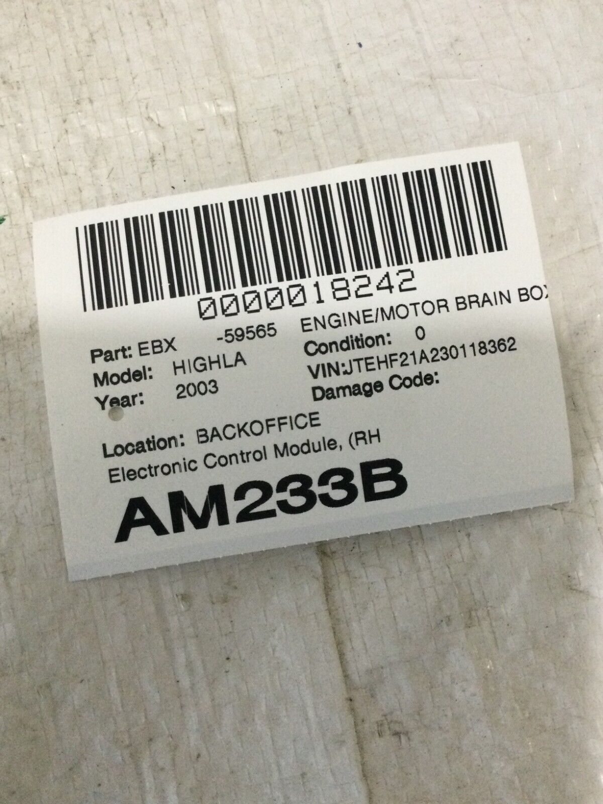 2003 Toyota Highlander  Engine Electronic Control Module ECM  1752009710W OEM