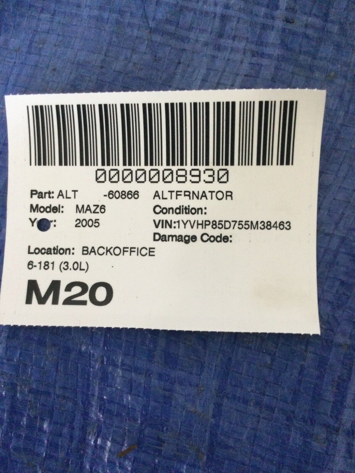 2005 Mazda 6 Alternator Motor OEM 3.0L